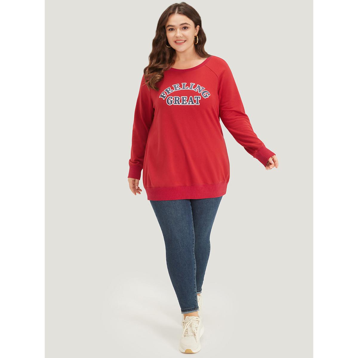 Plus Size Letter Print Round Neck Raglan Sleeve Sweatshirt Women Red Casual Elastic cuffs Everyday Sweatshirts BloomChic 10/M Product Image