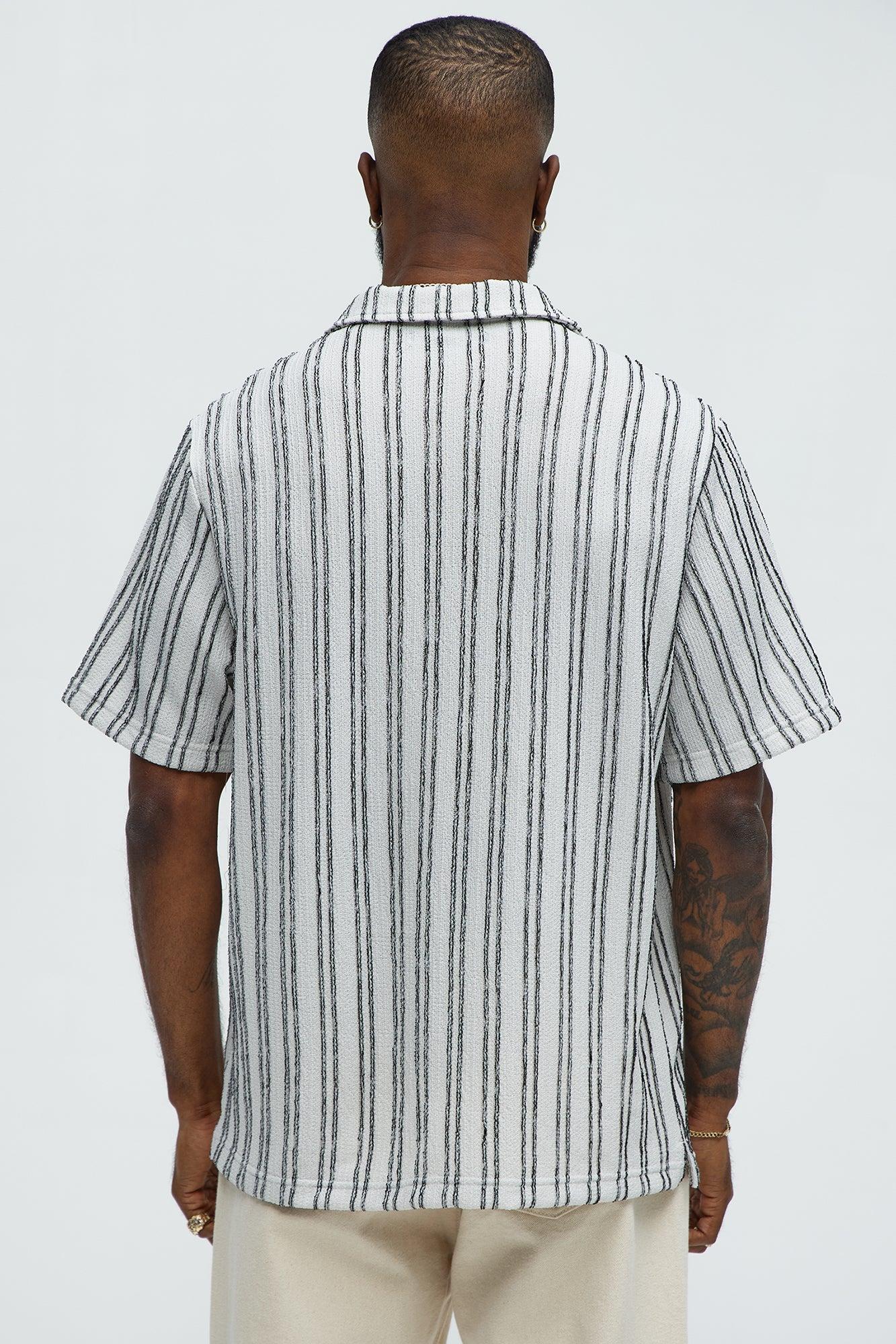 Glenley Texture Stripe Knit Johnny Collar Shirt - Grey/combo Product Image