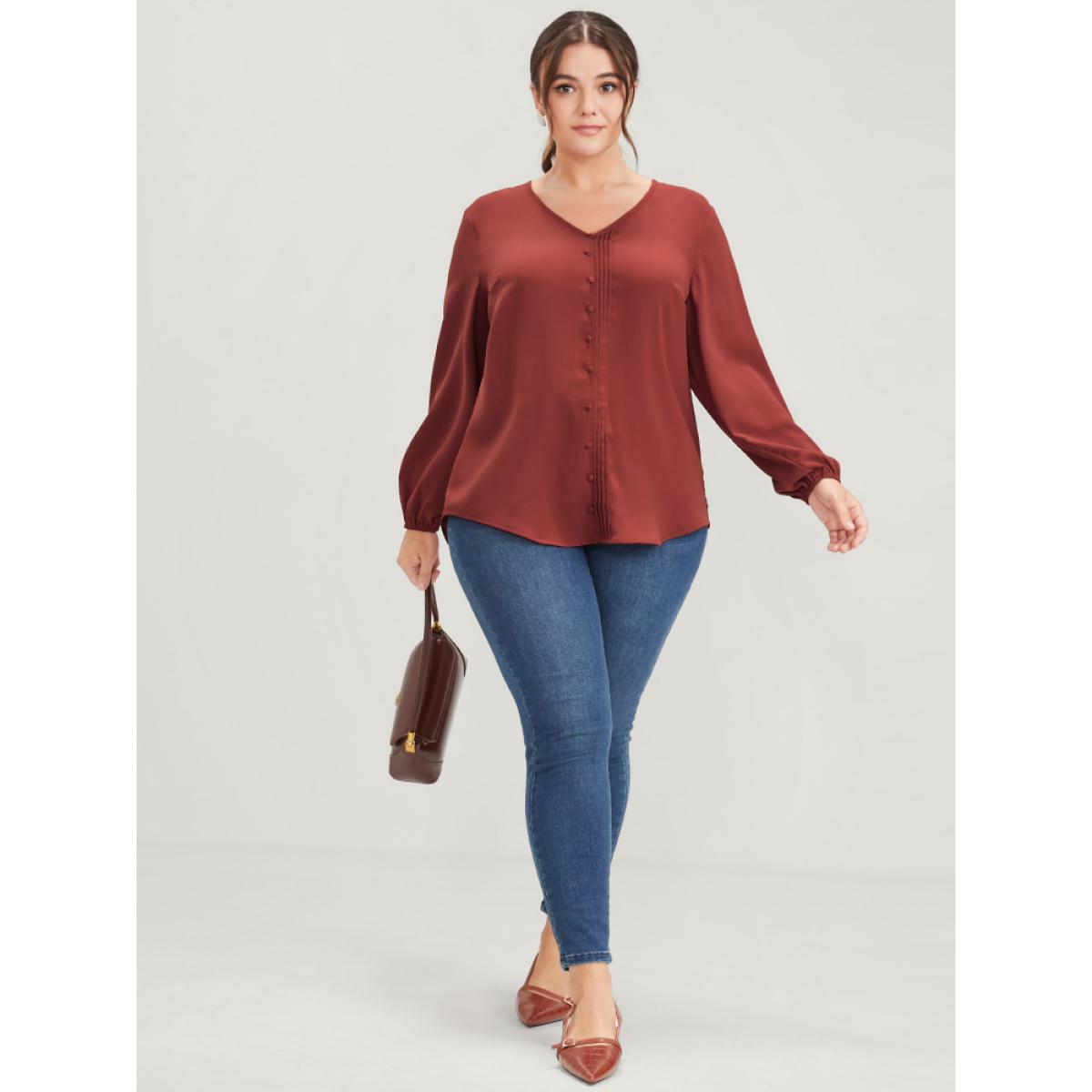 Plus Size Russet Solid Pleated Lantern Sleeve Btton Front Blouse Women Office Long Sleeve V-neck Work Blouses BloomChic 12/L Product Image