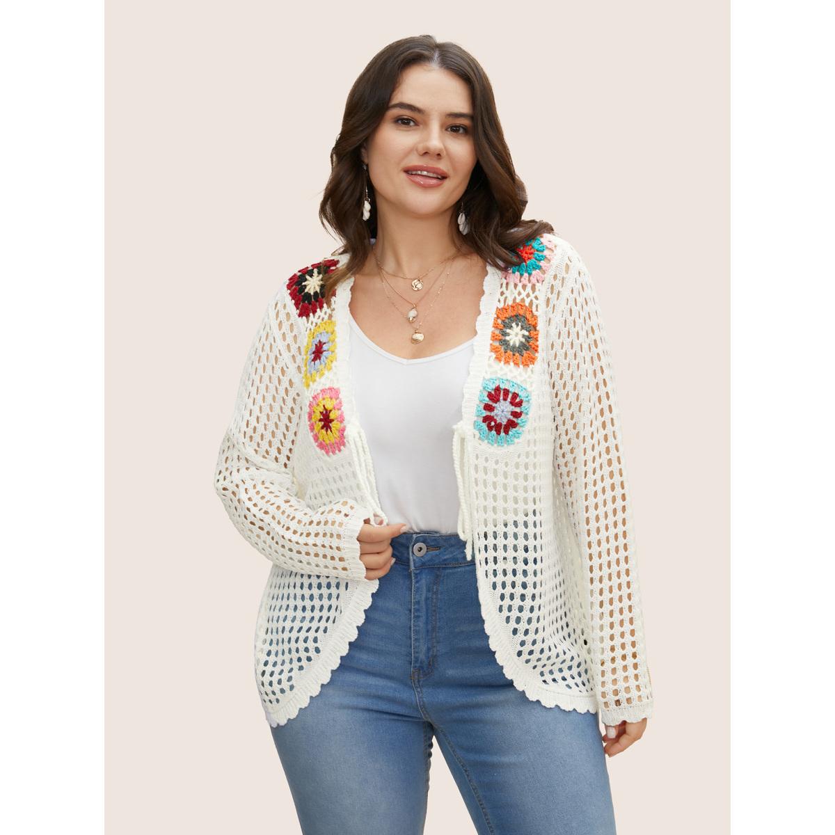 Plus Size Crochet Floral Cut Out Tie Knot Cover Up Ivory Women Vacation Beach Cover Ups Bloomchic 18-20/2X Product Image