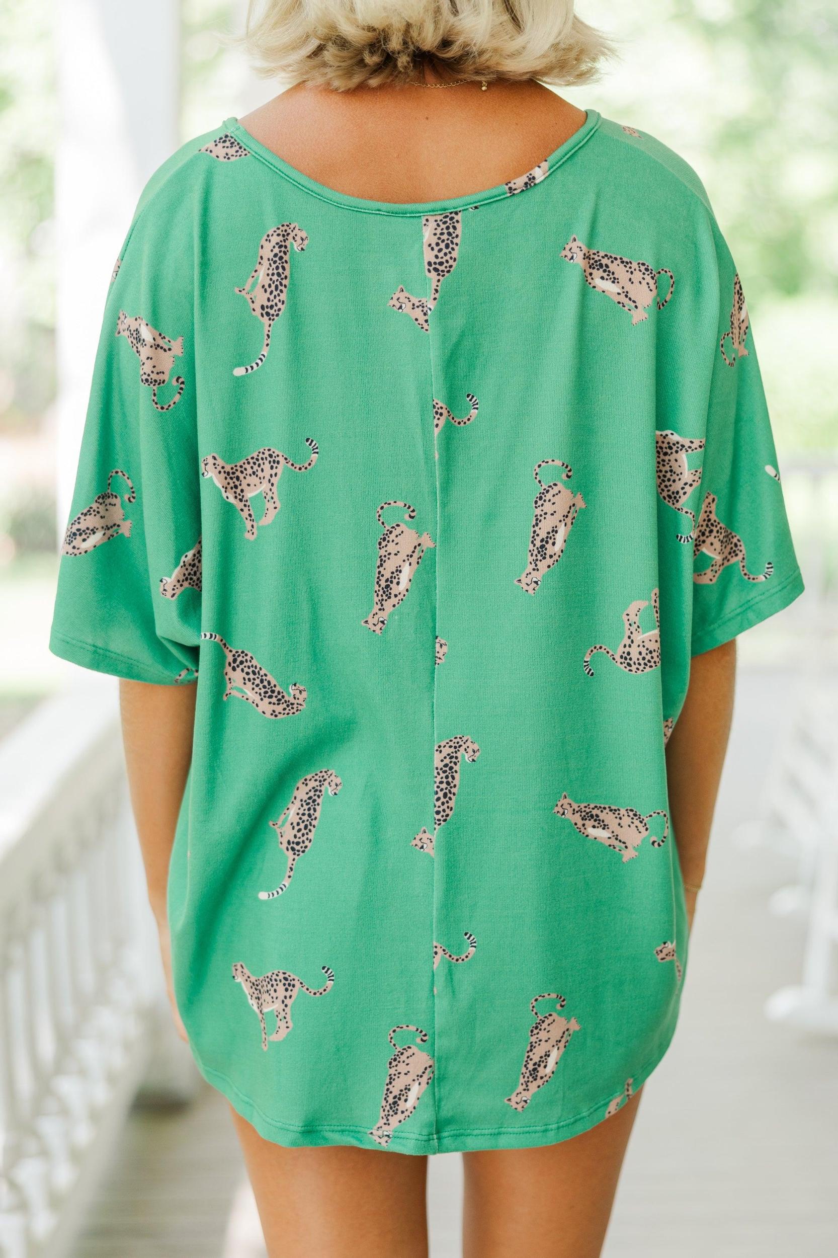 Take The Lead Kelly Green Cheetah Top Female Product Image