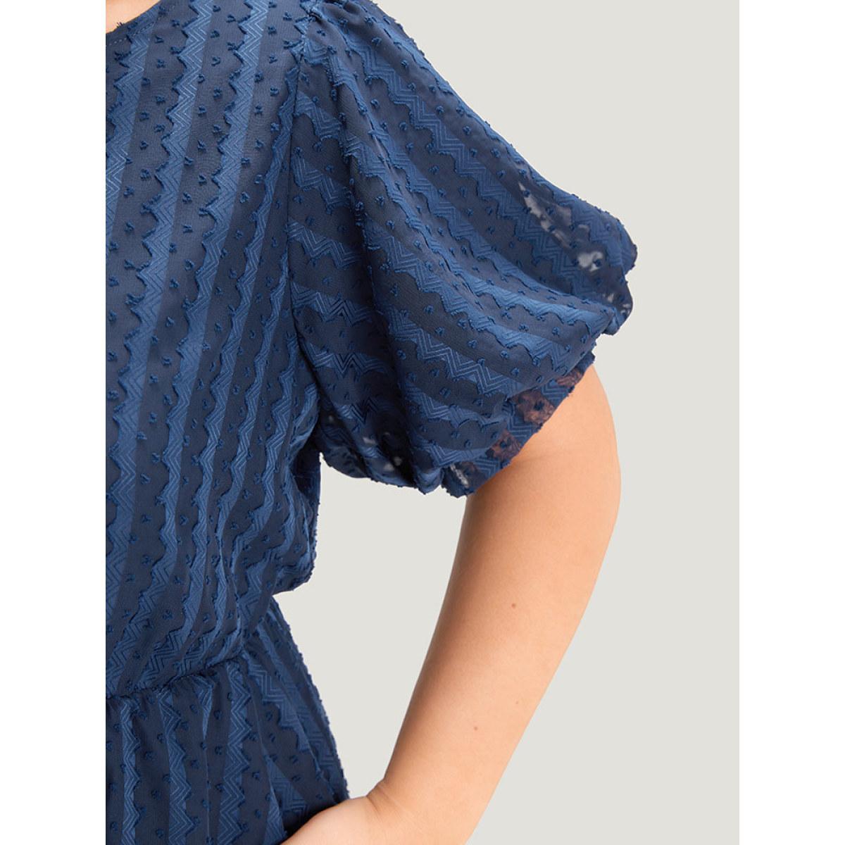 Plus Size Plain Textured Geometric Pocket Puff Sleeve Mesh Dress DarkBlue Women Elegant See through Round Neck Short sleeve Curvy Midi Dress BloomChic 22-24/3X Product Image