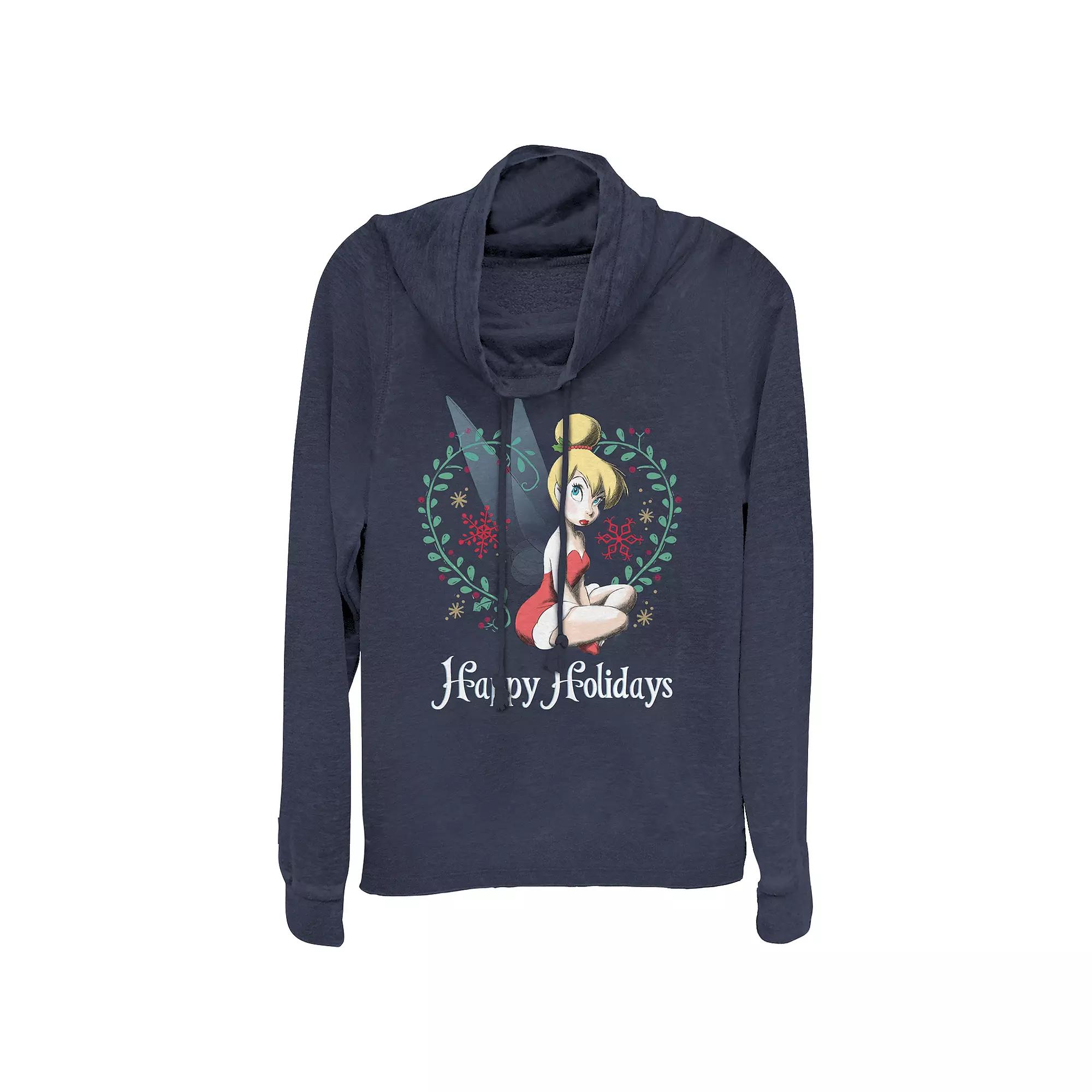Disney's Tinker Bell Women's Plus Happy Holidays Heart Wreath Cowlneck Graphic Lightweight Long Sleeve, Girl's,  Product Image