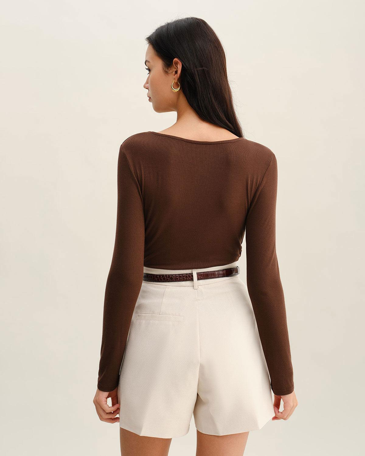 Brown Round Neck Slim Knit Tee Product Image