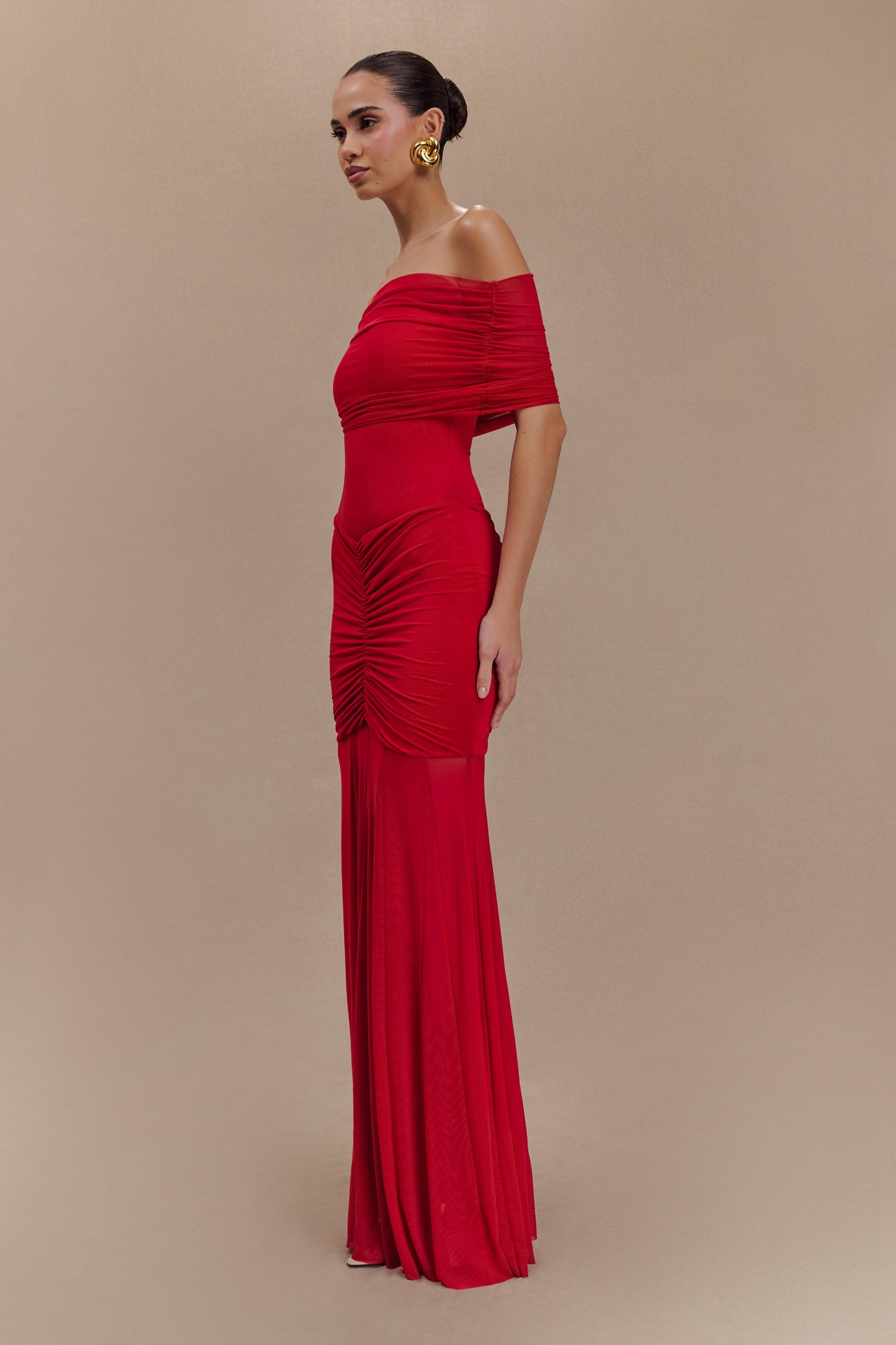 Caspian Slinky And Mesh Off Shoulder Maxi Dress - Ruby Product Image