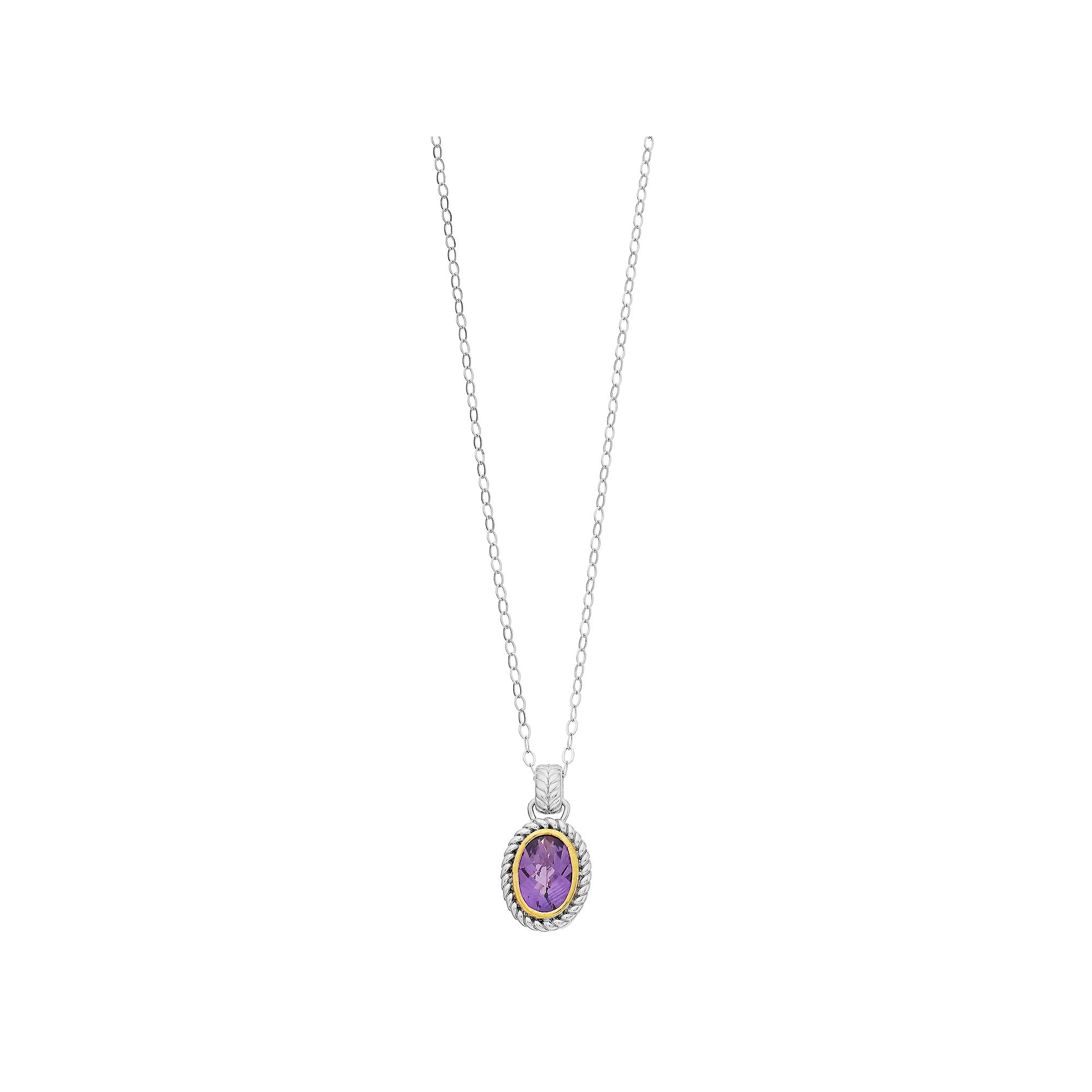 Two Tone Sterling Silver Oval Amethyst Pendant Necklace, Women's,  Product Image