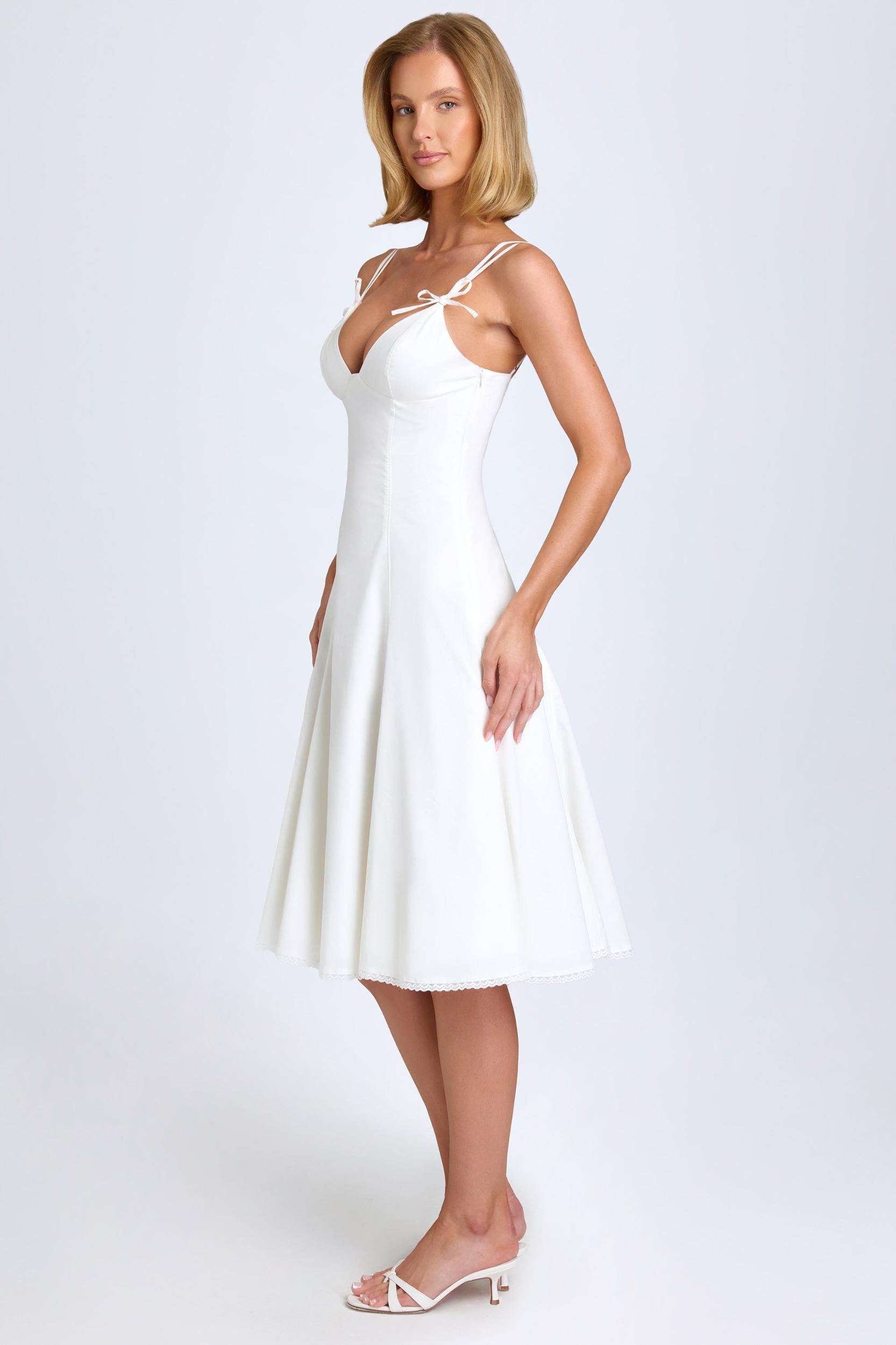 Bow-Detail Lace-Trim A-Line Midi Dress in White Product Image