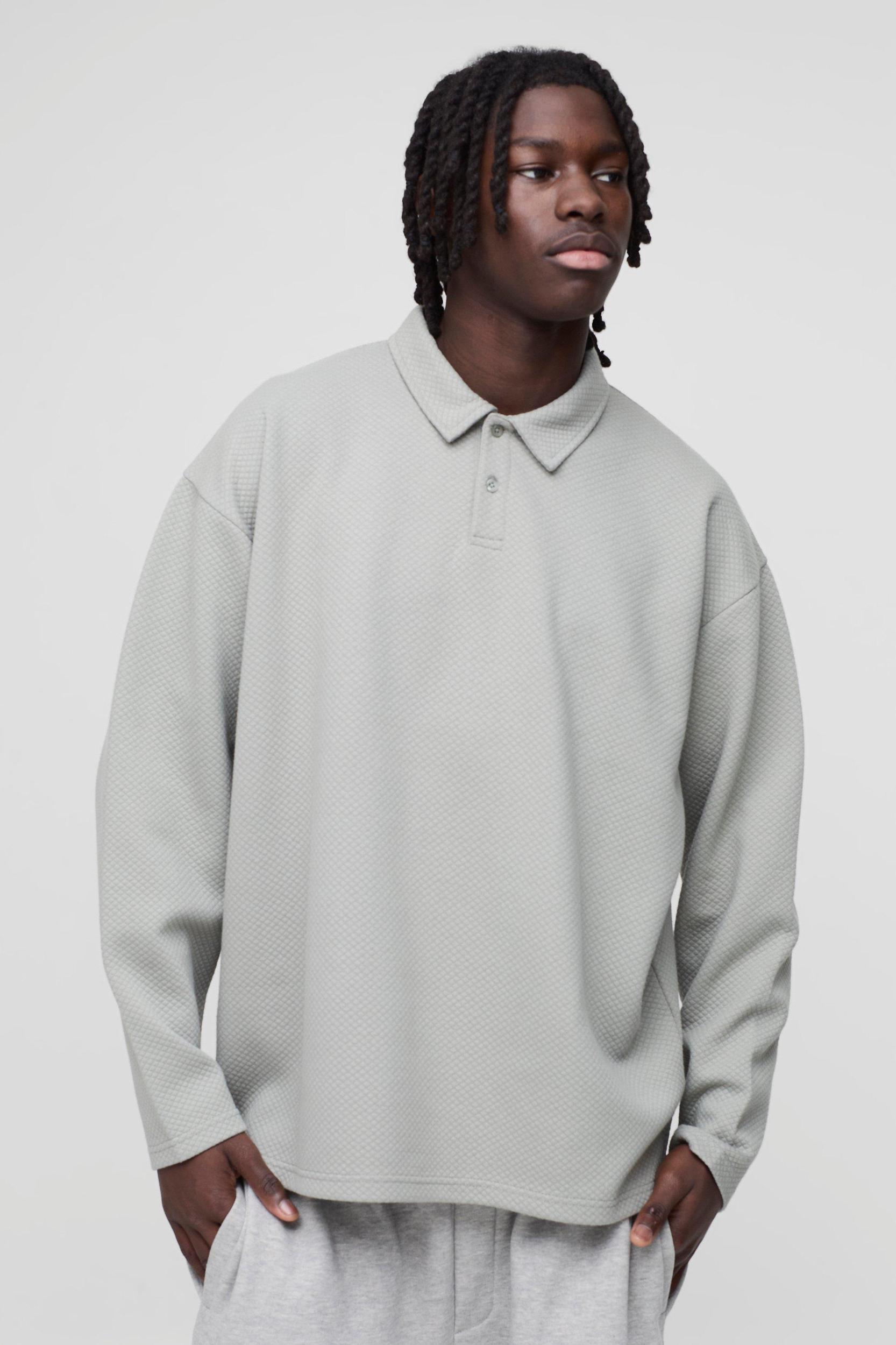 Oversized Waffle Jacquard Long Sleeve Polo | boohooMAN USA Product Image
