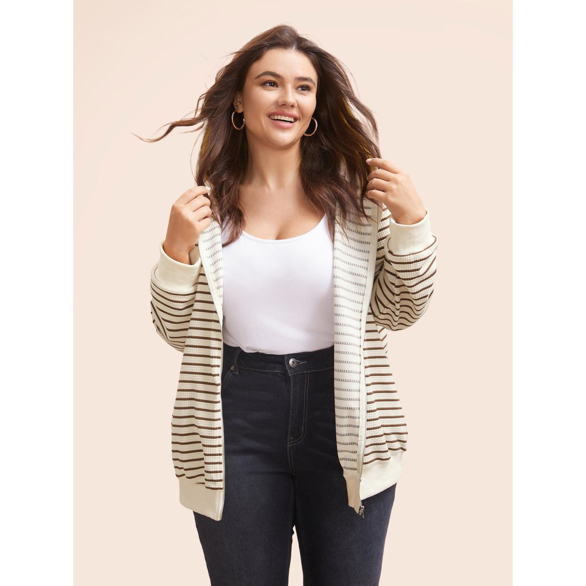 Plus Size Striped Patchwork Texture Hooded Sweatshirt Women Beige Casual Texture Hooded Everyday Sweatshirts BloomChic 28/5X Product Image