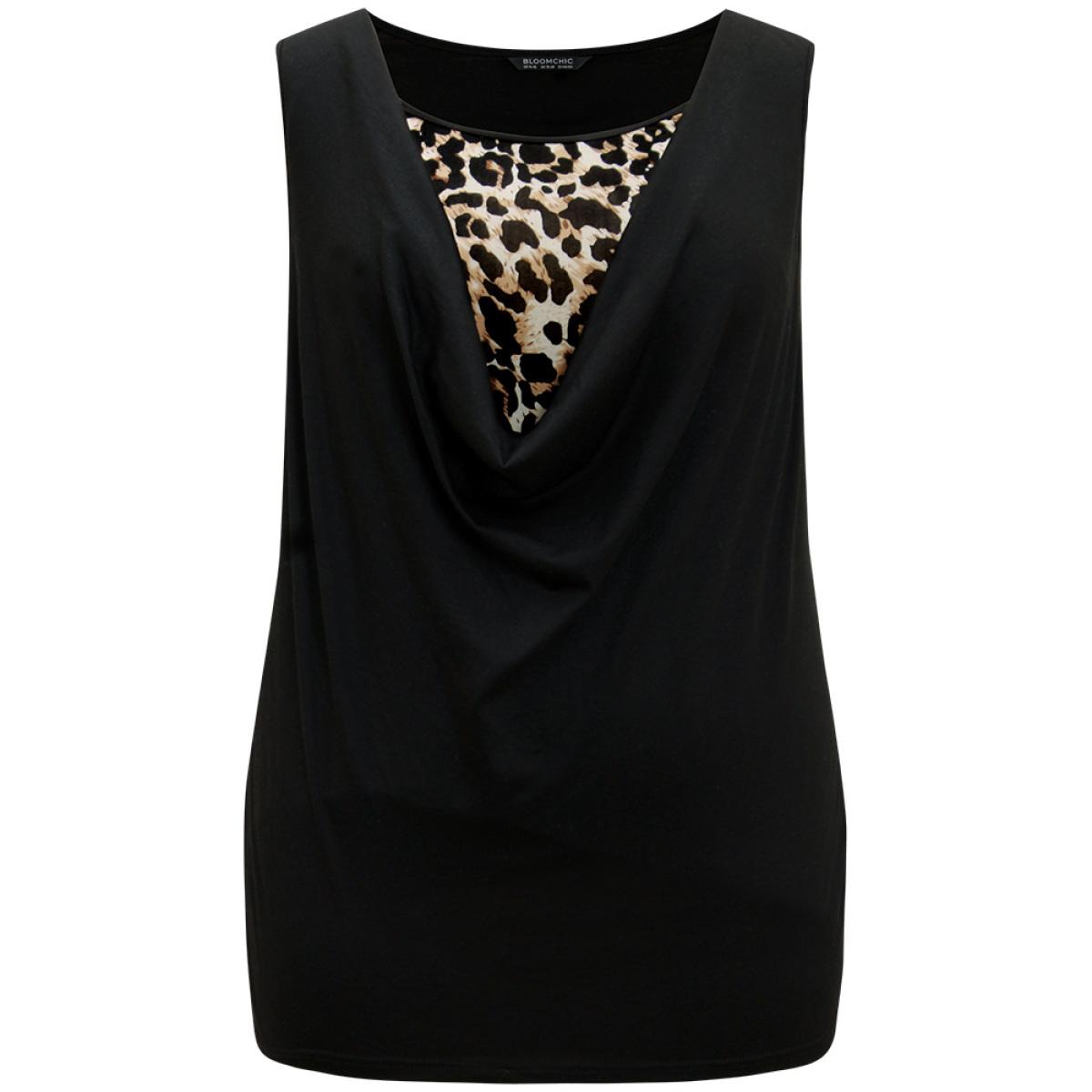Plus Size Leopard Patchwork Round Neck Tank Top Women Black Elegant Patchwork Round Neck Dailywear Tank Tops Camis BloomChic 10/M Product Image