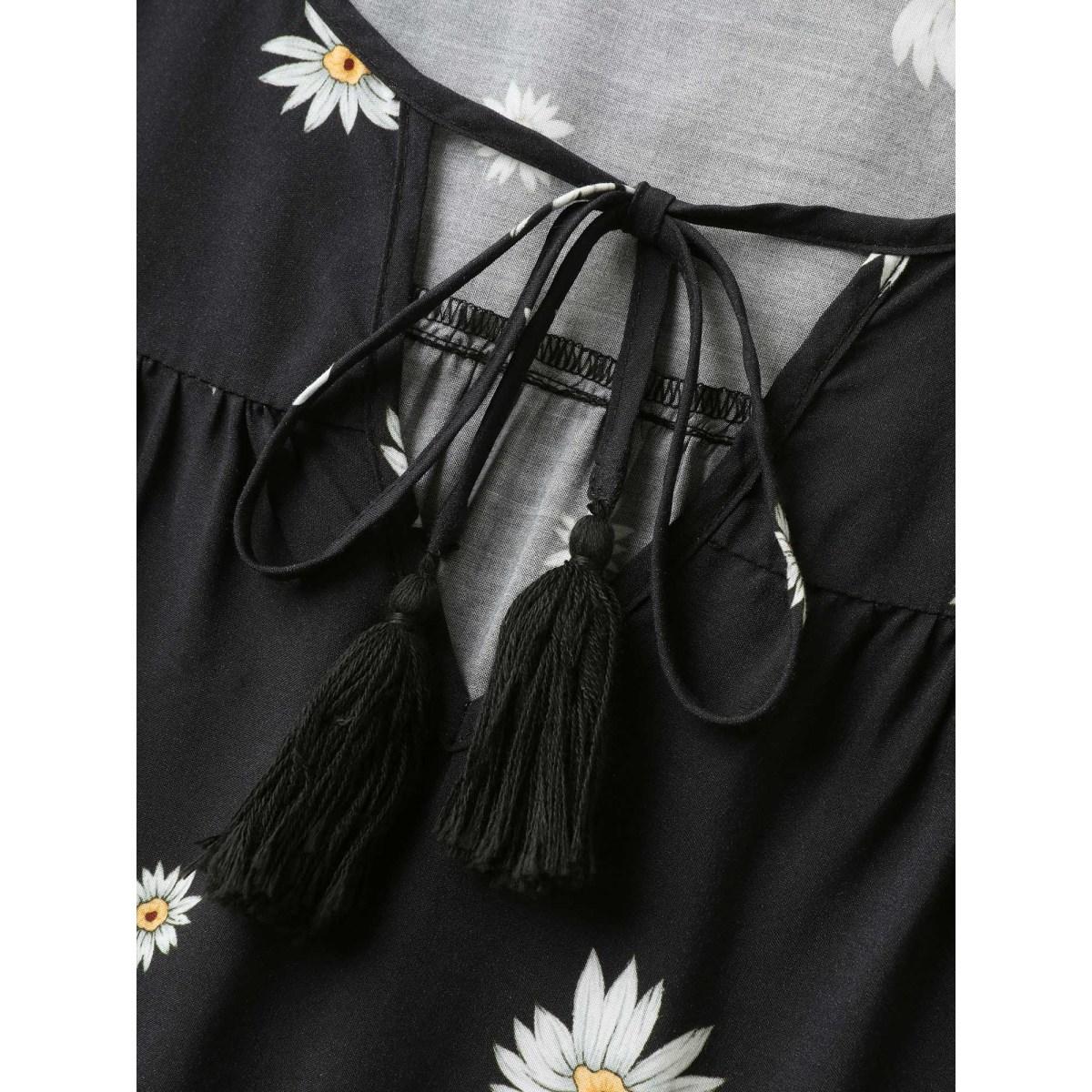 Plus Size Black Colorful Floral Pleated Tassel Blouse Women Elbow-length sleeve Flat collar with V-notch Everyday-Elegant Blouses BloomChic 28/5X Product Image