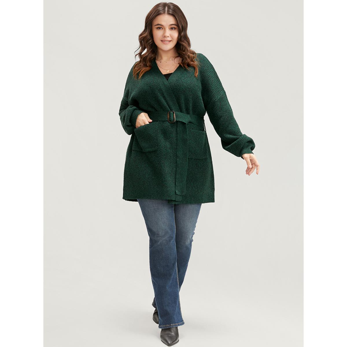 Plus Size Soft Pointelle Knit Pocket Belted Open Front Cardigan Cyan Women Casual Loose Long Sleeve Dailywear Cardigans BloomChic 28/5X Product Image