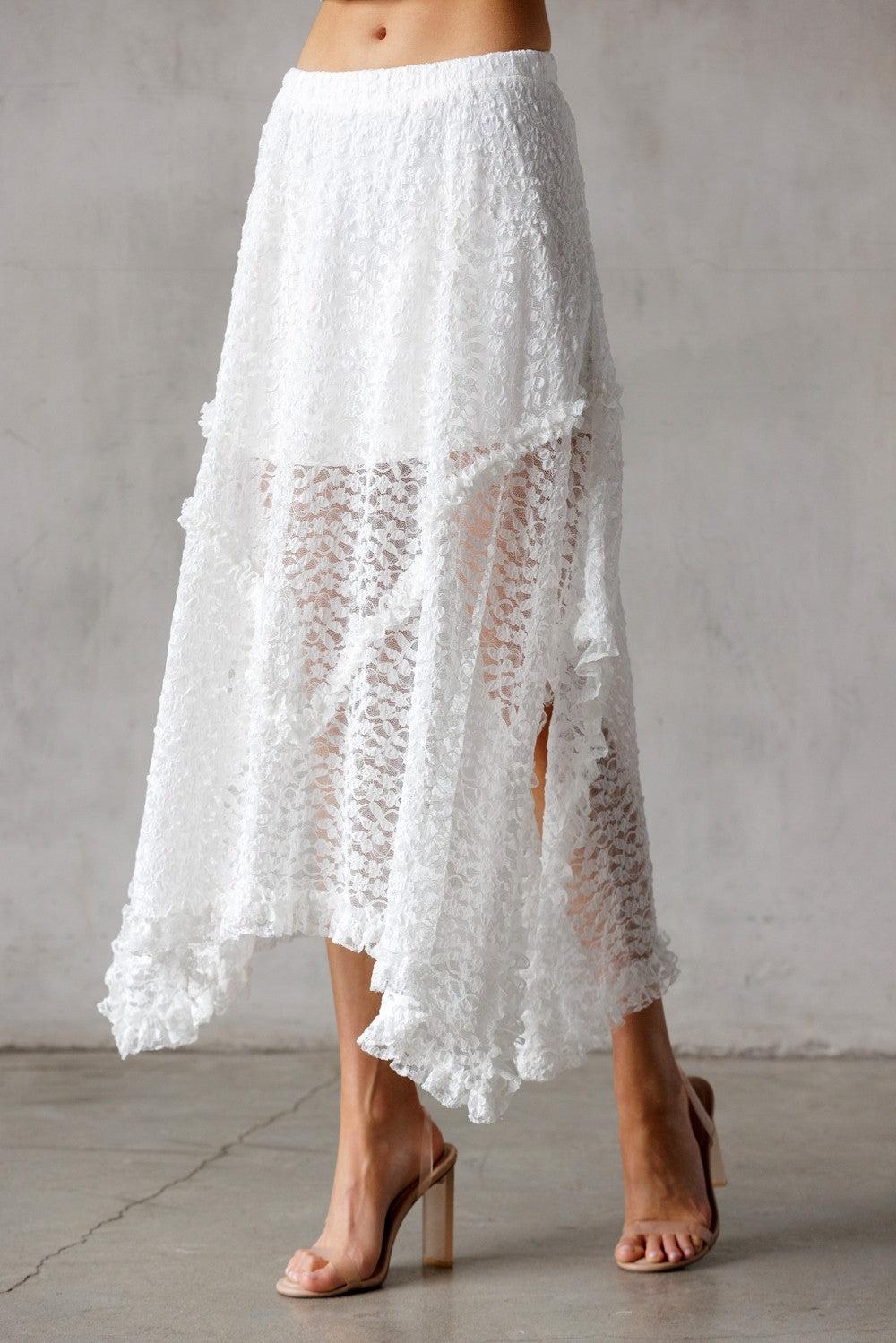 Grace Lace Asymetrical Midi Skirt | White Product Image