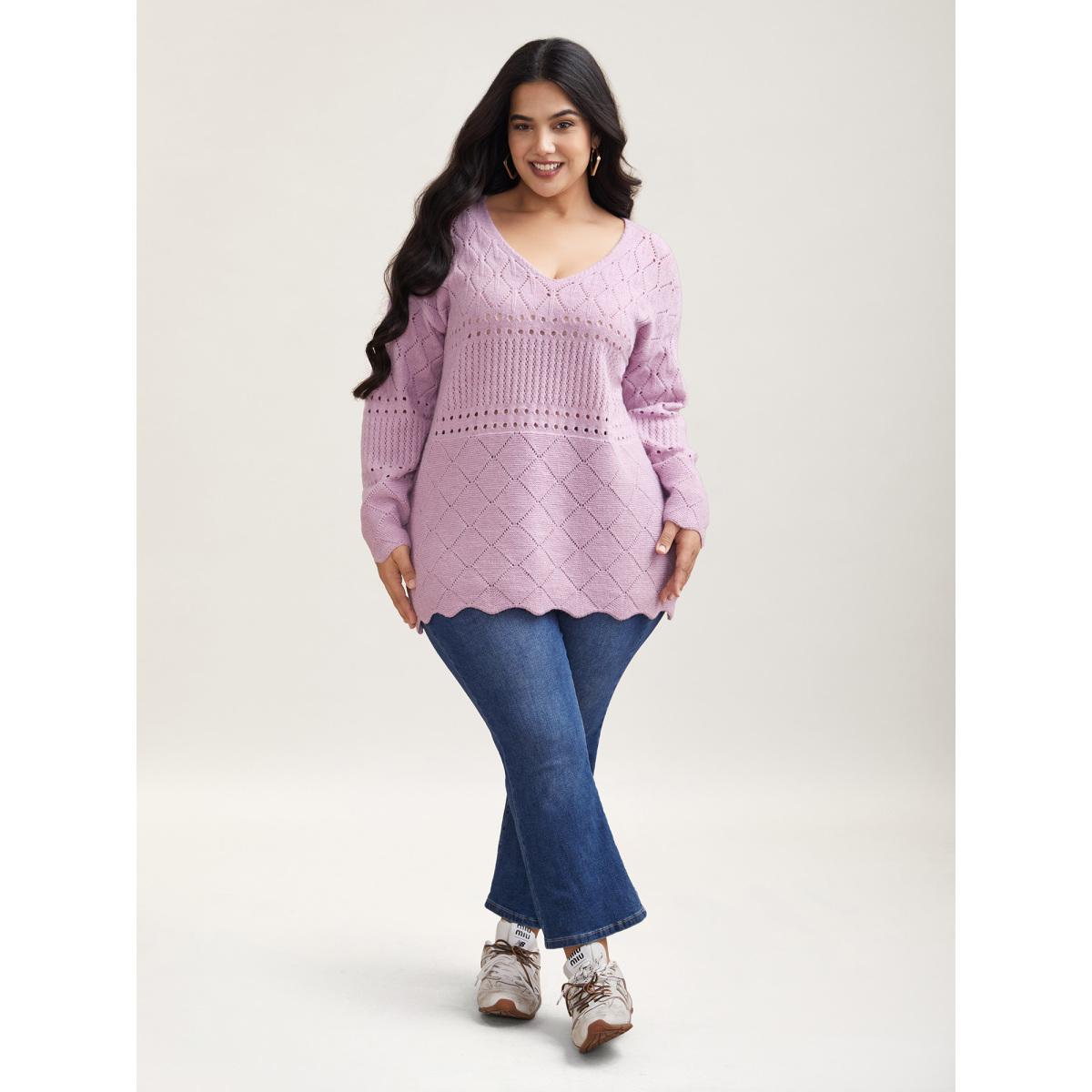 Plus Size Cut-Out Textured V-Neck Pullover Lilac Women Casual Loose Long Sleeve V-neck Everyday Pullovers BloomChic 14-16/1X Product Image