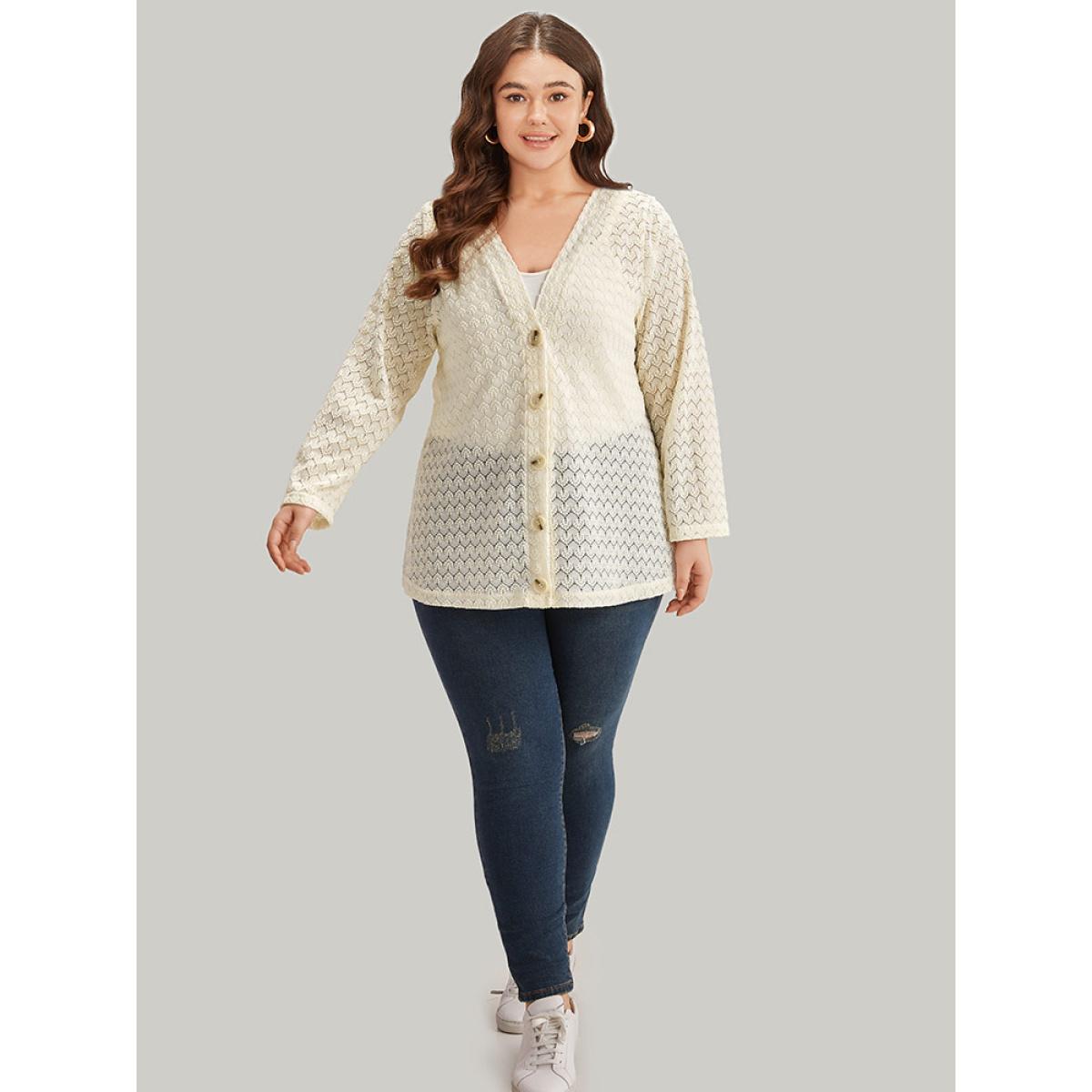Plus Size Geometric Lace Hollow Out Button Through Jacket Women Beige Casual Plain Ladies Dailywear Winter Coats BloomChic 12/L Product Image
