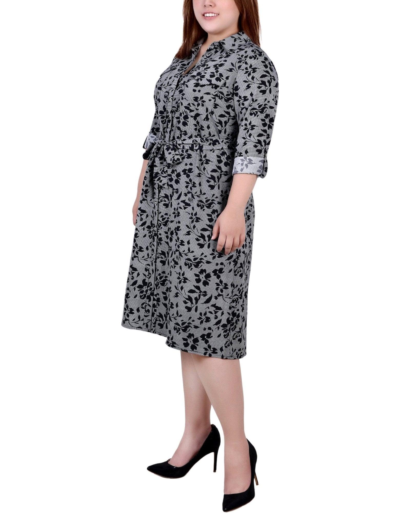 Black Houndstooth Floral 3/4 Roll Tab Sleeve Belted Shirtdress - Plus Product Image