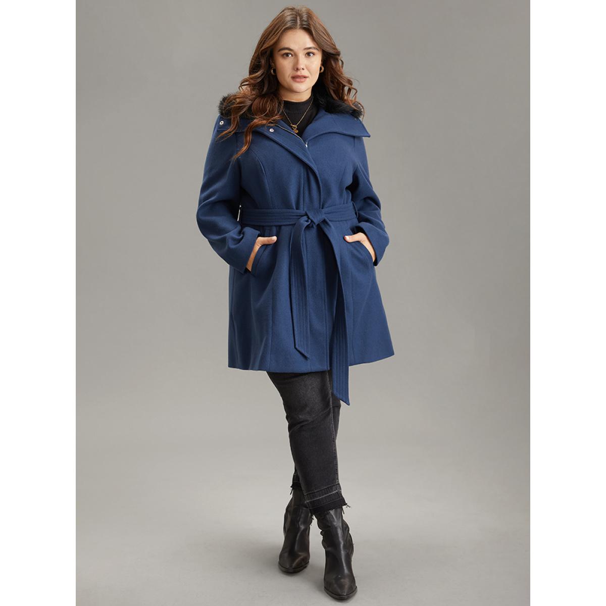 Plus Size Plain Fuzzy Trim Zipper Belted Coat Women DarkBlue Casual Lined Ladies Dailywear Winter Coats BloomChic 30/6X Product Image