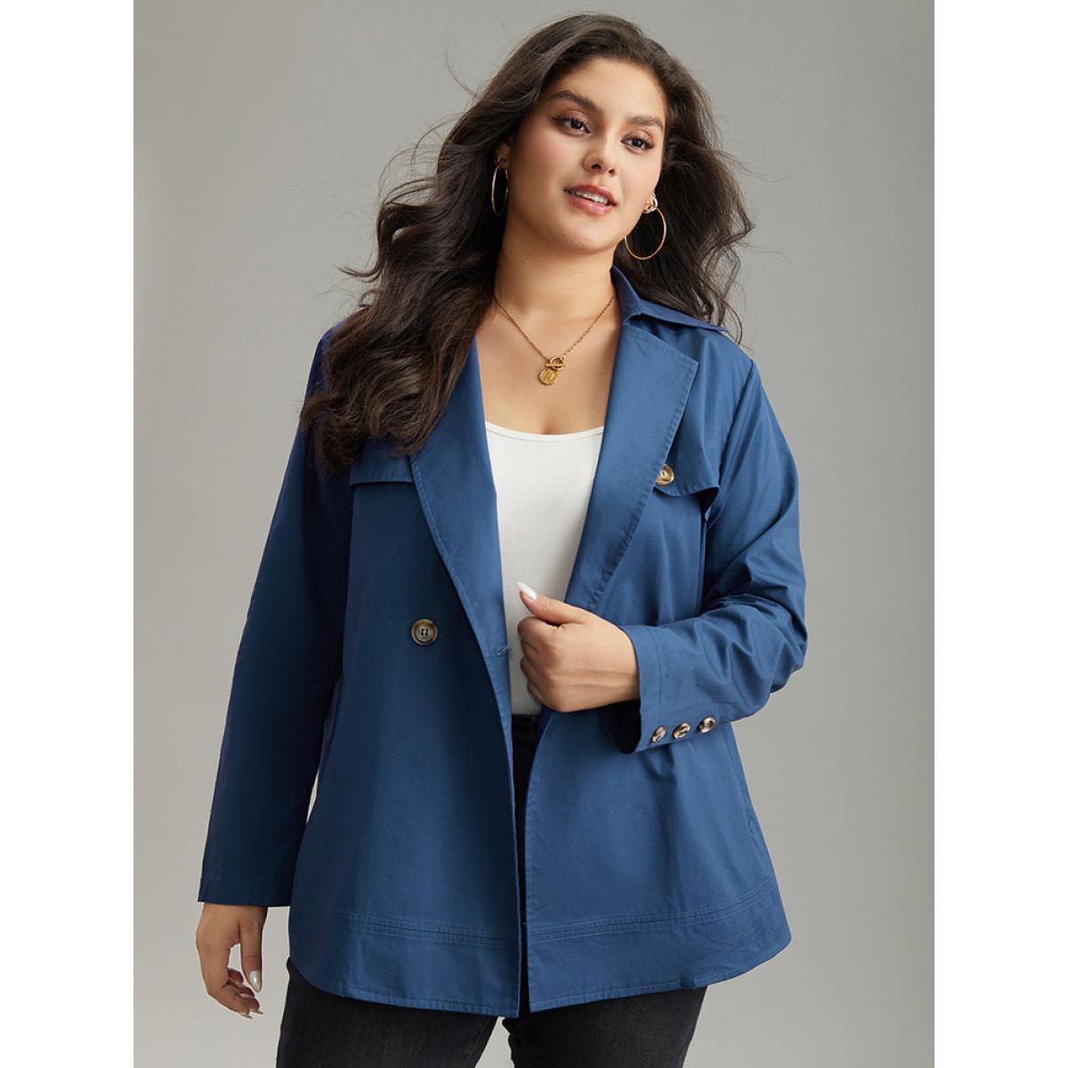 Plus Size Anti-Wrinkle Solid Pocket Button Up Windbreaker Women Blue Casual Plain Ladies Dailywear Winter Coats BloomChic 14-16/1X Product Image