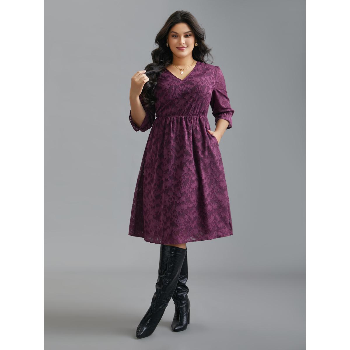 Plus Size V Neck Burn-out Fabric Midi Dress Deeppurplered Women Elegant Texture V-neck Elbow-length sleeve Curvy BloomChic 28/5X Product Image