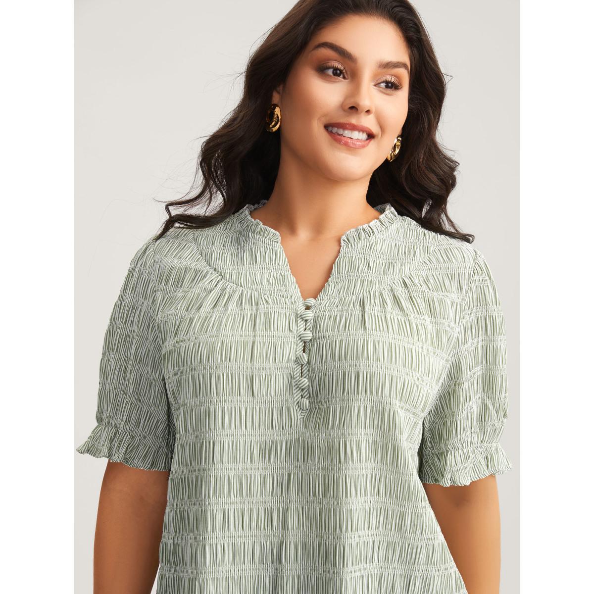 Plus Size Greenbean Cotton Half-Open Striped Solid Blouse Women Office Short sleeve Flat collar with V-notch Office Blouses BloomChic 22-24/3X Product Image