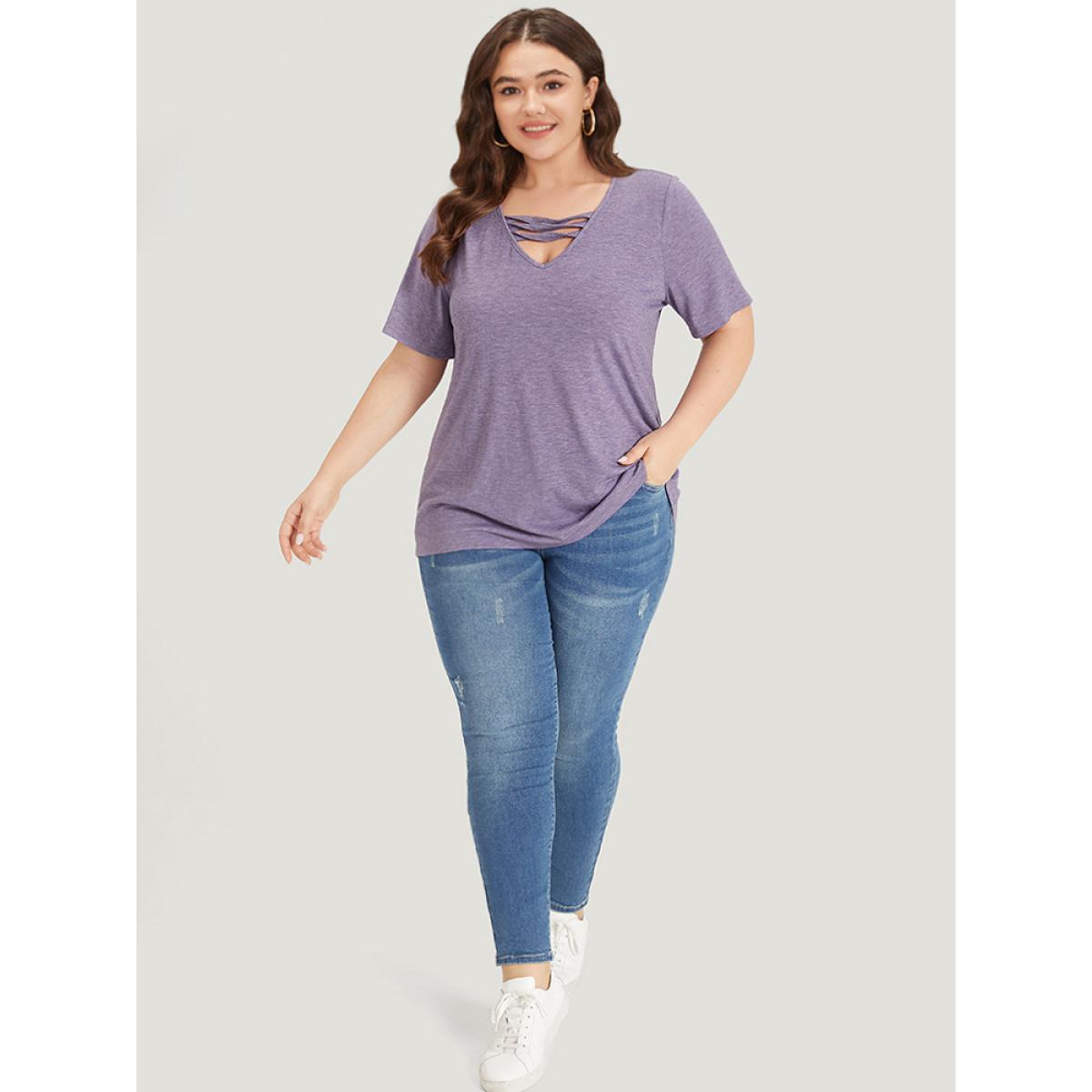 Plus Size Plain Heather V Neck Cut Out Twist T-shirt Mauve Women Casual Plain Plain V-neck Dailywear T-shirts BloomChic 28/5X Product Image