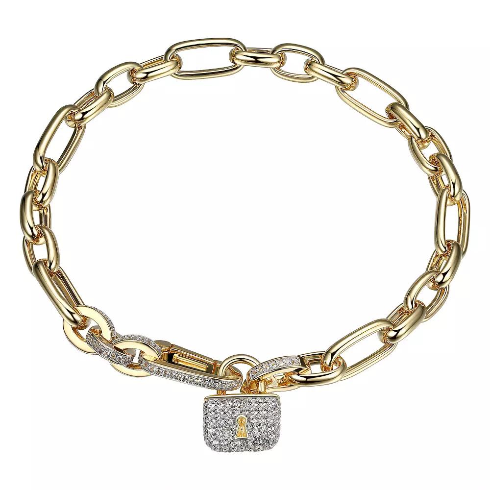18k Gold Over Silver Lab Created White Sapphire Lock Charm Bracelet, Women's, Size: 8", Gold Tone Product Image