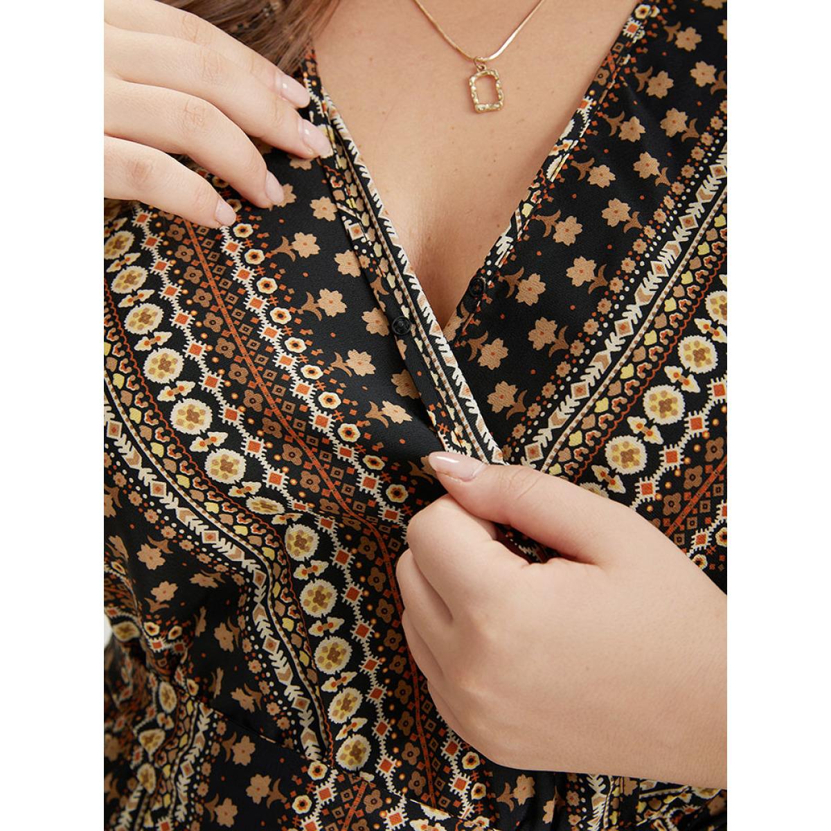 Plus Size DarkBrown Bandana Print Surplice Neck Belted Ruffle Sleeve Jumpsuit Women Elegant Short sleeve V-neck Dailywear Loose Jumpsuits BloomChic 10/M Product Image