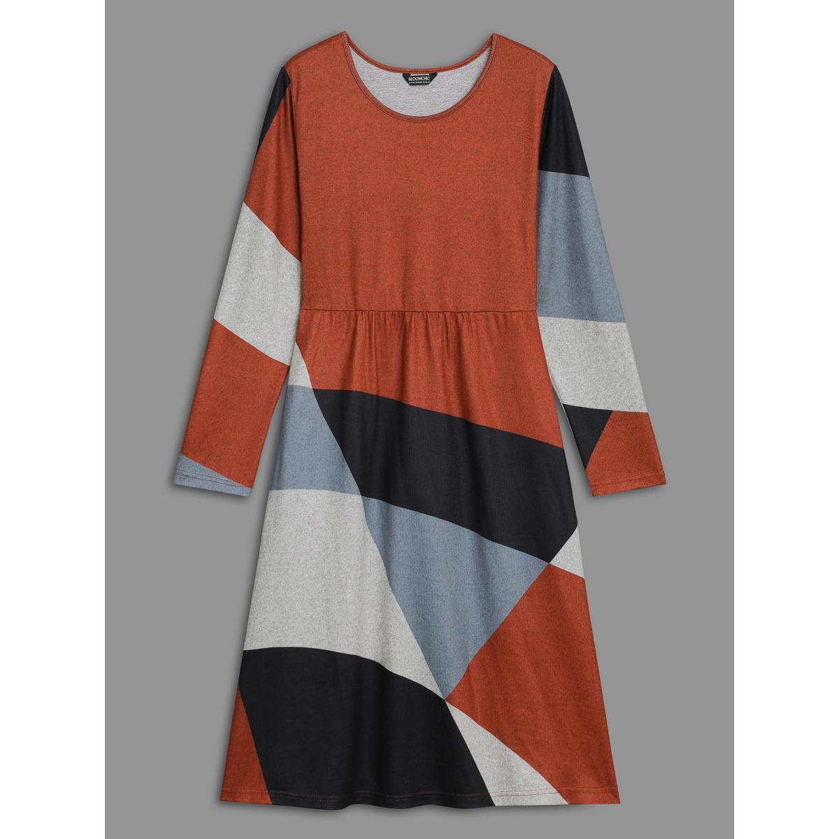 Plus Size Round Neck Geometric Colorblock Contrast Dress Multicolor Women Casual Contrast Knit Dresses Bloomchic 30/6X Product Image
