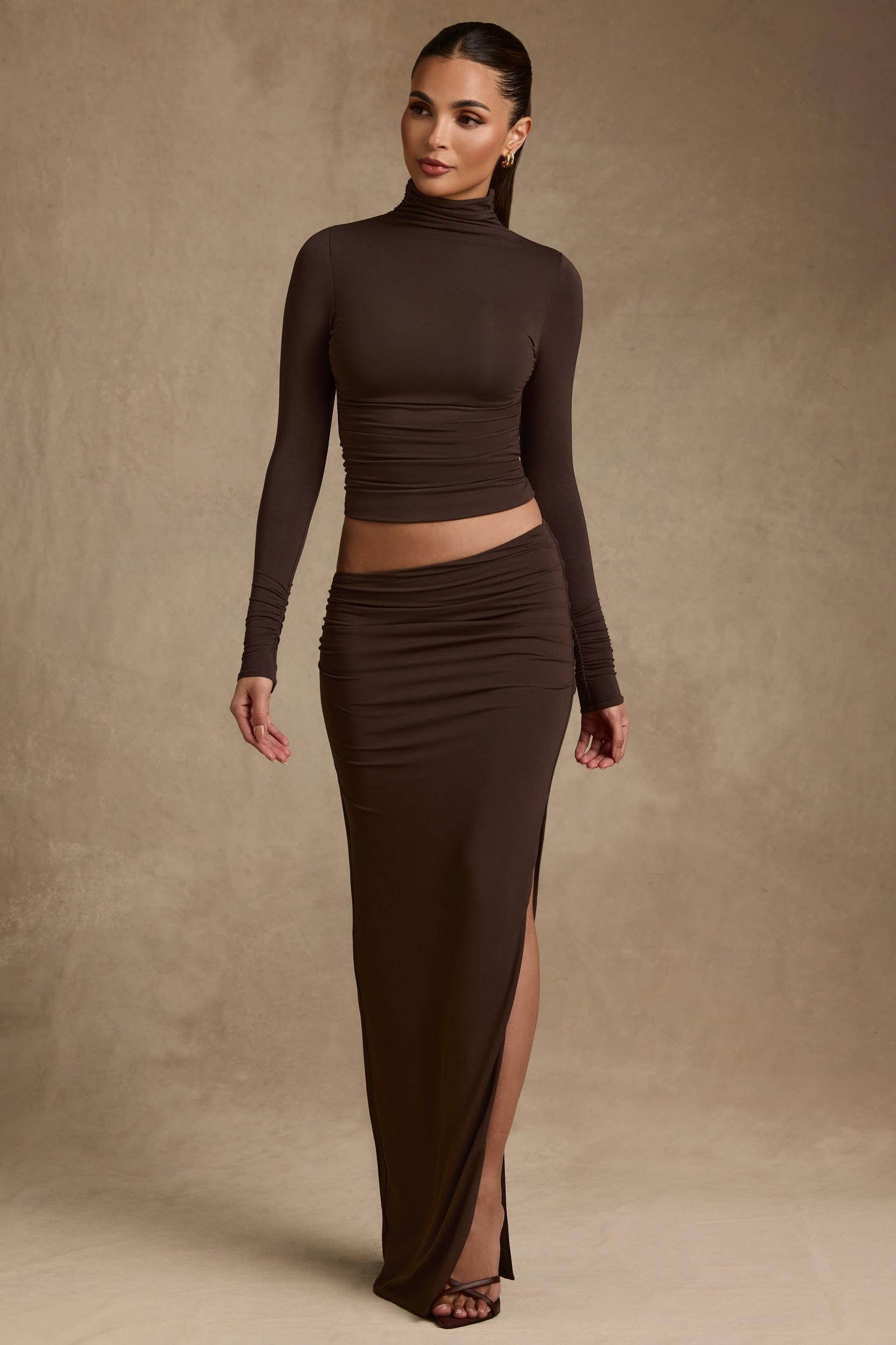 Modal Asymmetric-Waist Maxi Skirt in Chocolate Brown Product Image