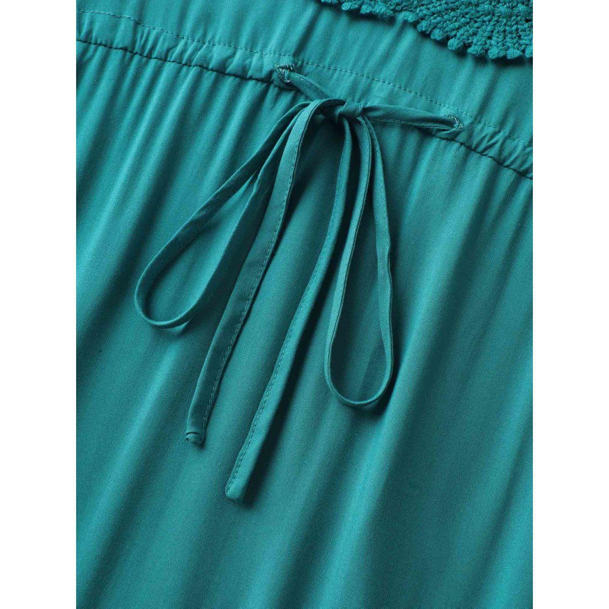 Plus Size Rayon Lace Trim Waist Tie Midi Dress Emerald Women V-neck Short sleeve Curvy BloomChic 18-20/2X Product Image