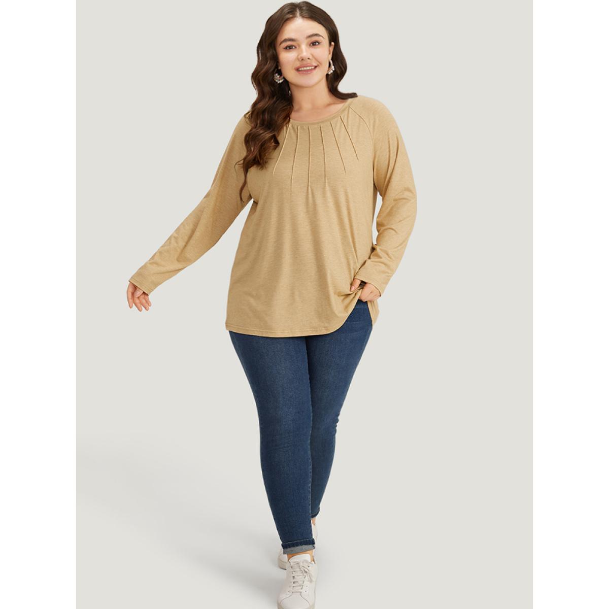 Plus Size Solid Pleated Raglan Sleeve Crew Neck T-shirt Tan Women Casual Plain Plain Round Neck Dailywear T-shirts BloomChic 12/L Product Image