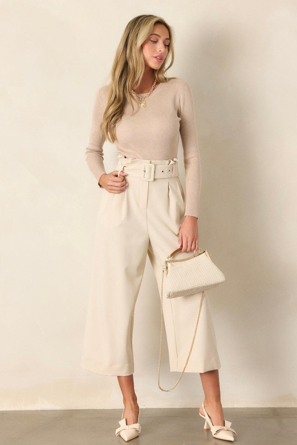 Place To Be Oatmeal Belted Wide Leg Pants Product Image
