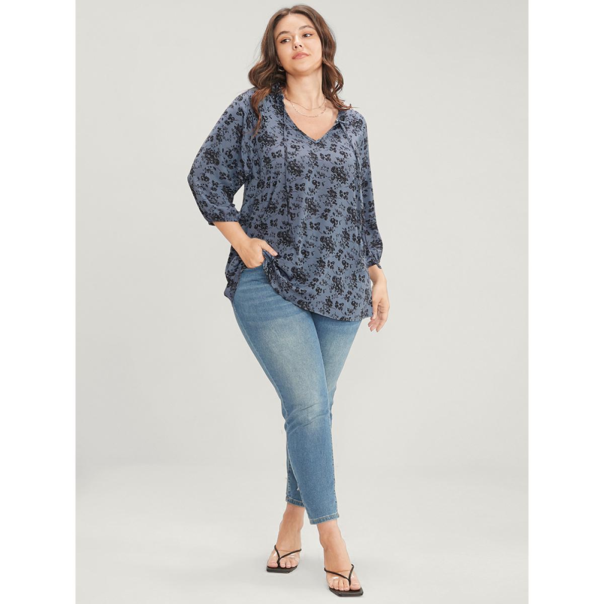 Plus Size Stone Floral Print Lantern Sleeve Tie V Neck Blouse Women Elegant Elbow-length sleeve V-neck Dailywear Blouses BloomChic 28/5X Product Image