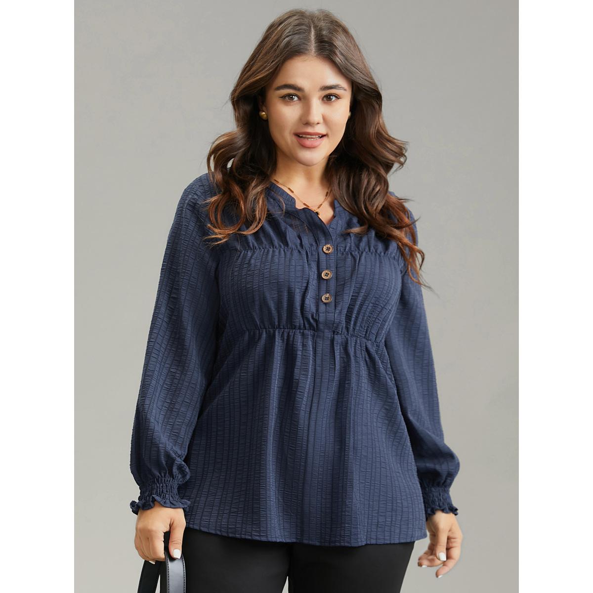 Plus Size Indigo Plisse Gathered Shirred Cuffs Button Through Blouse Women Office Long Sleeve Notched collar Office Blouses BloomChic 18-20/2X Product Image