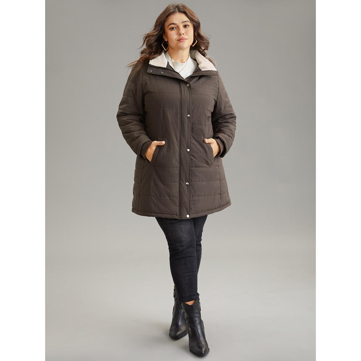 Plus Size Contrast Pocket Fuzzy Detail Zipper Fly Coat Women DarkBrown Casual Rib Knit Ladies Dailywear Winter Coats BloomChic 26/4X Product Image