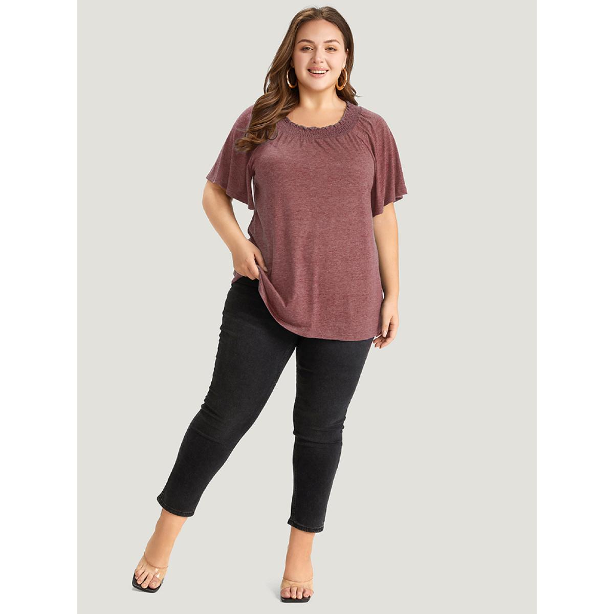 Plus Size Plain Shirred Crew Neck Flutter Sleeve T-shirt Russet Women Elegant Gathered Plain Round Neck Dailywear T-shirts BloomChic 28/5X Product Image