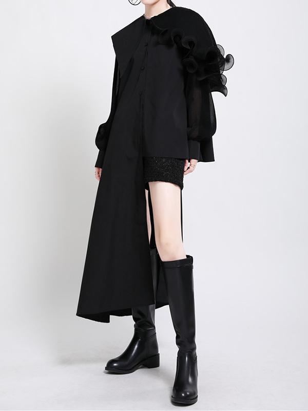Long Sleeves Loose Asymmetric Pleated Solid Color Split-Joint Falbala Lapel Blouses&Shirts Tops Product Image