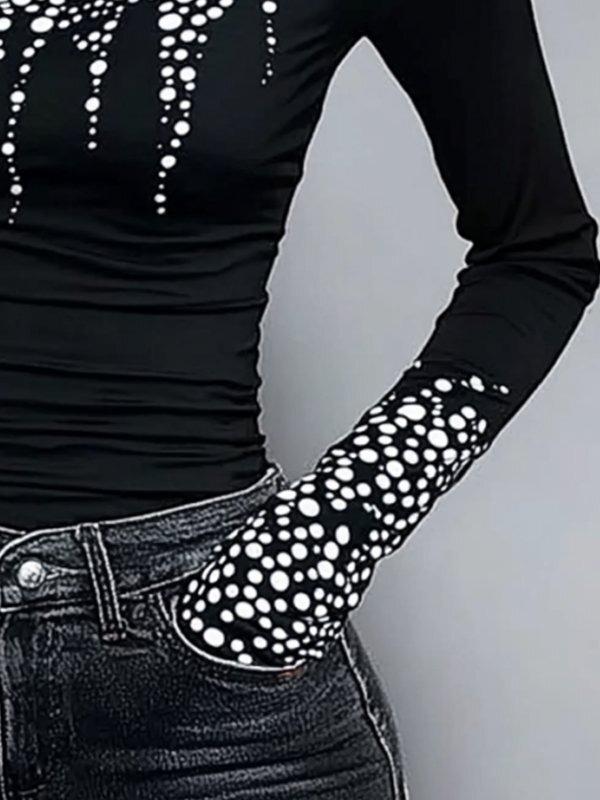 Long Sleeves Skinny Printed High-Neck T-Shirts Tops Product Image