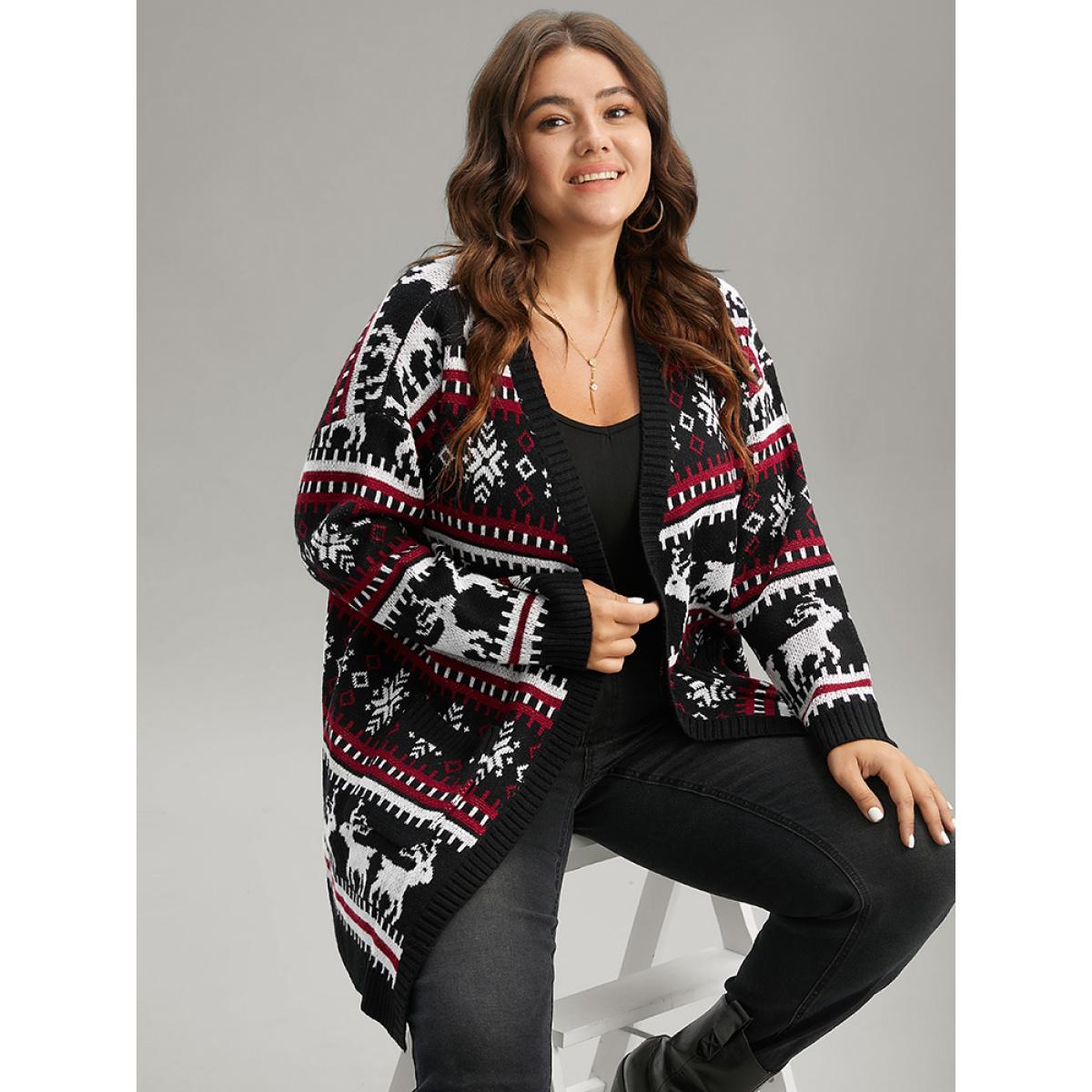 Plus Size Christmas Elk Open Front Pocket Cardigan Black Women Casual Loose Long Sleeve Festival-Christmas Cardigans BloomChic 14-16/1X Product Image
