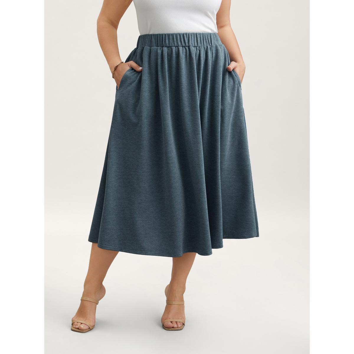 Plus Size Heather Stretchy-Waist Pleated Midi Skirt Women DarkSlateGray Elegant Gathered Medium stretch Slanted pocket Everyday Skirts BloomChic 18-20/2X Product Image