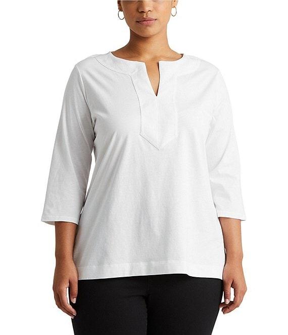 Lauren Ralph Lauren Plus Size Split Round Neck 3/4 Sleeve Woven Trim Knit Top Product Image