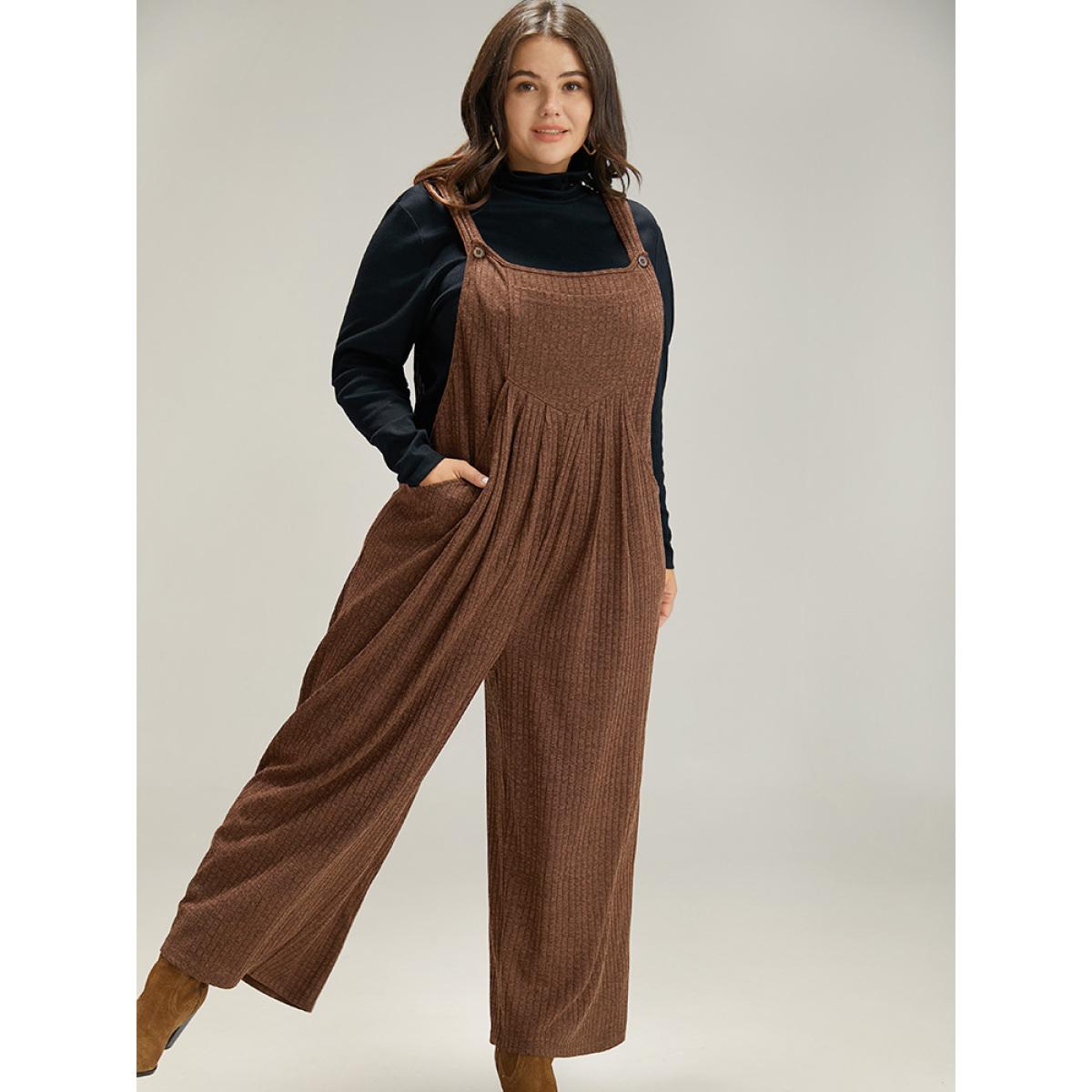 Plus Size DarkBrown Solid Pocket Pleated Adjustable Straps Jumpsuit Women Casual Sleeveless Spaghetti Strap Dailywear Loose Jumpsuits BloomChic 12/L Product Image