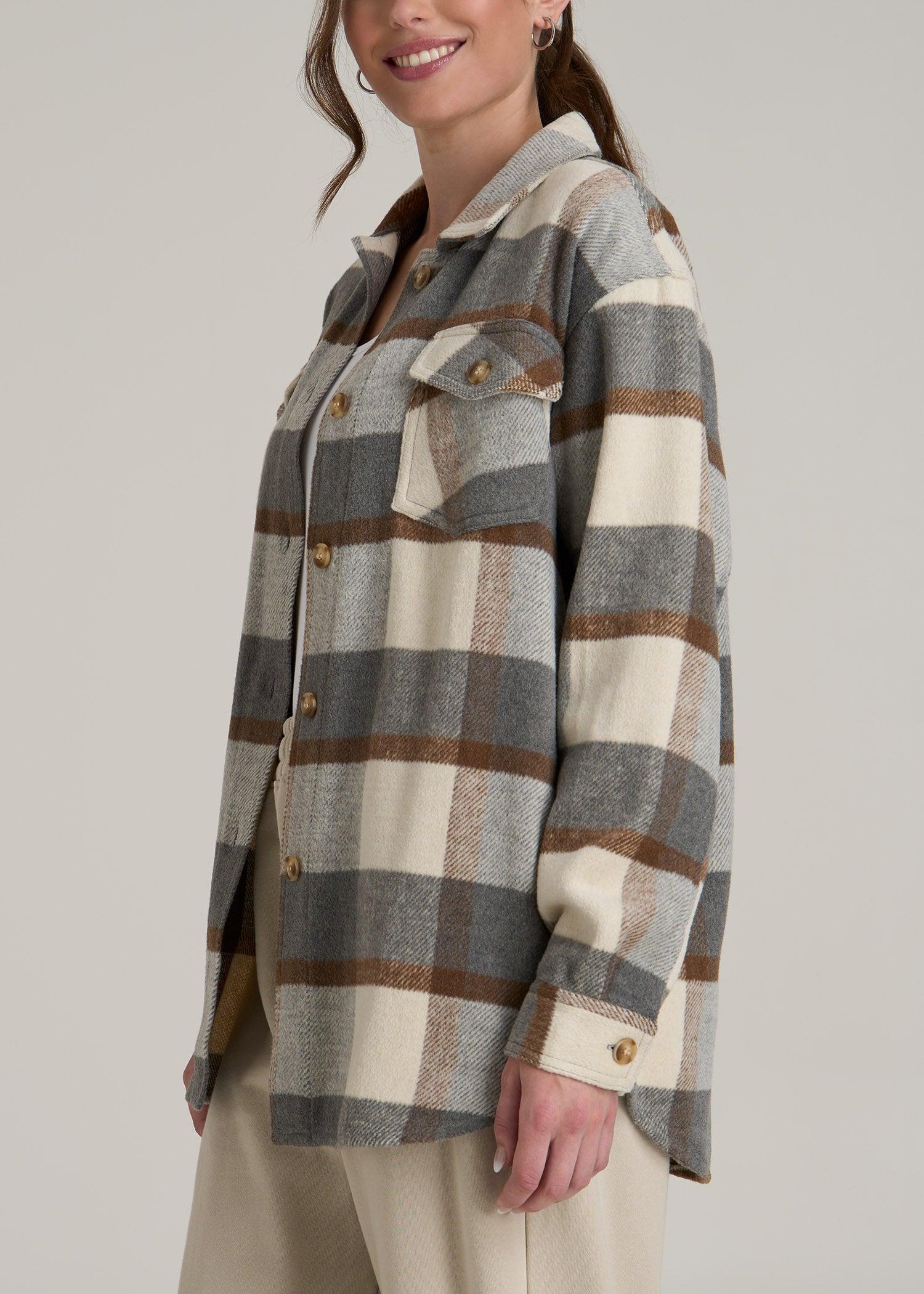 Flannel Shacket for Tall Women in Grey and Cream Plaid Female Product Image