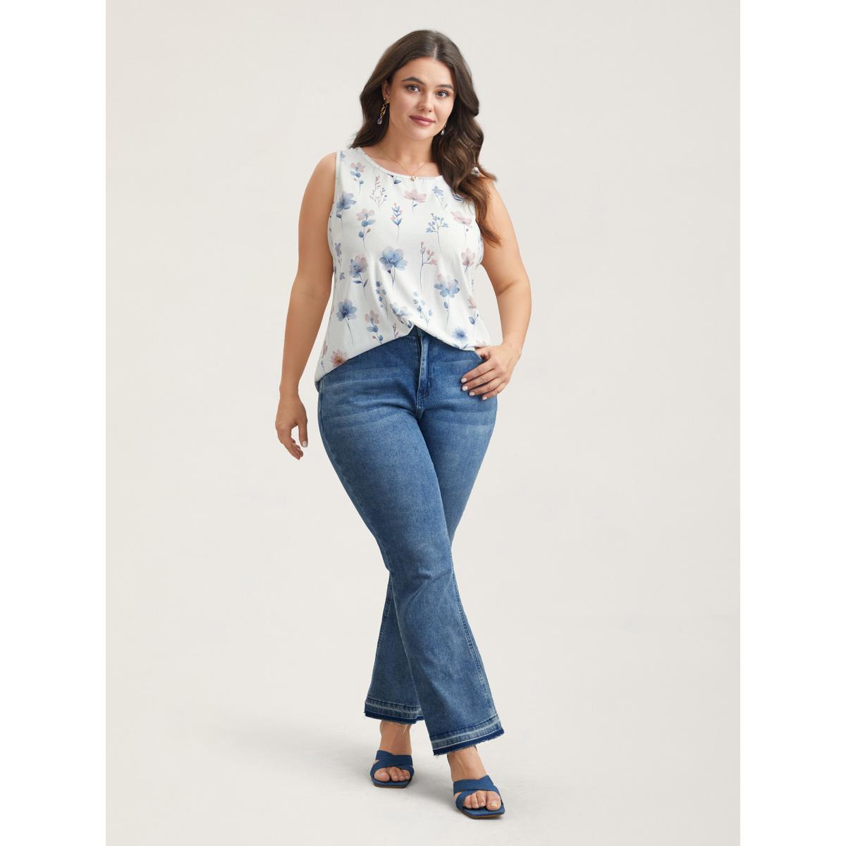 Plus Size Stretchy Floral Print Fitted Vest Women WhiteSmoke Leisure Non Round Neck Casual Tank Tops Camis BloomChic 30/6X Product Image