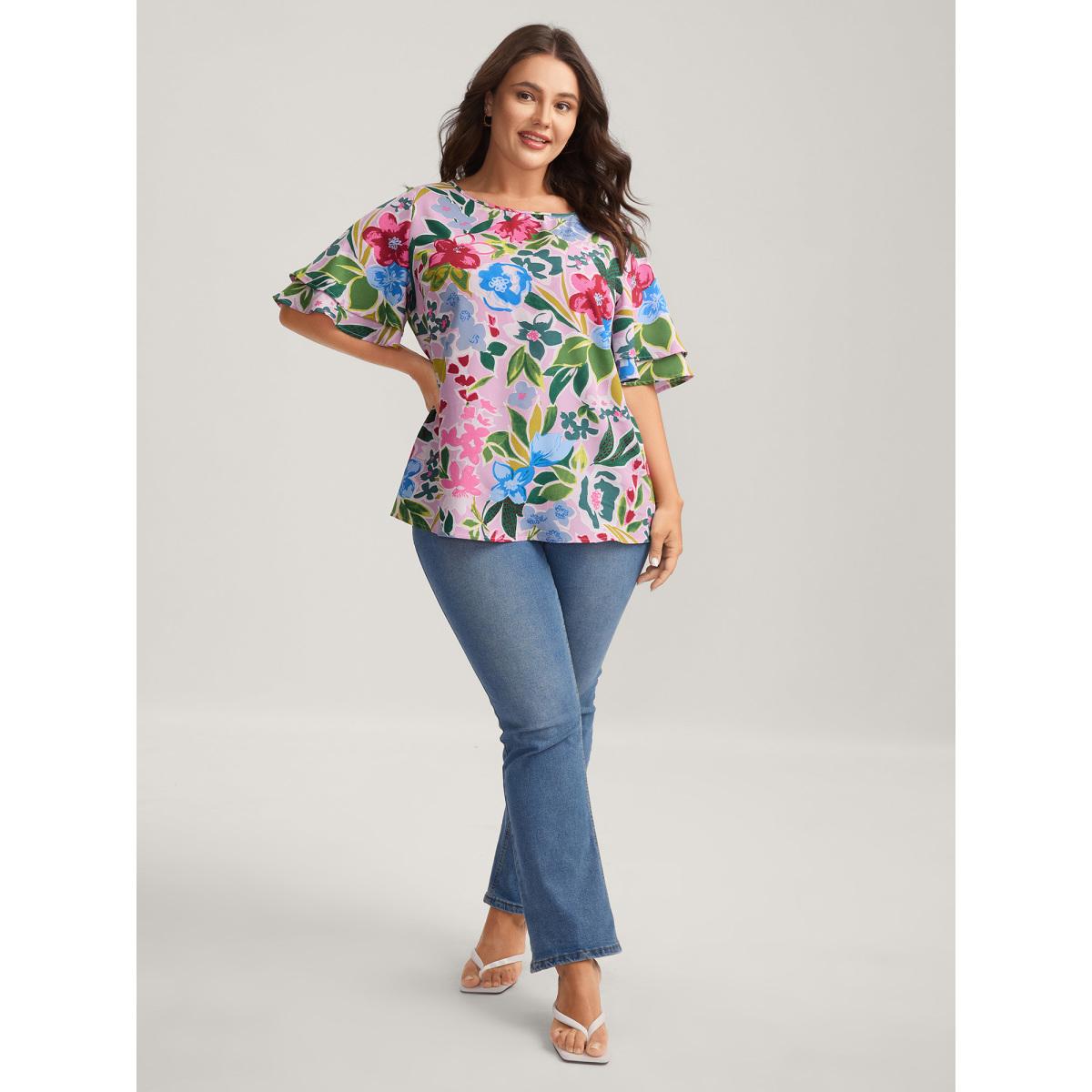 Plus Size Multicolor Sunkissed Floral Lotus Leaf Sleeve Blouse Women Playful Half Sleeve Round Neck Casual Blouses BloomChic 18-20/2X Product Image