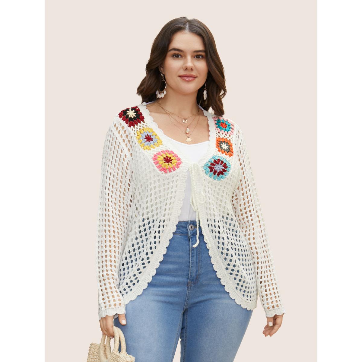 Plus Size Crochet Floral Cut Out Tie Knot Cover Up Ivory Women Vacation Beach Cover Ups Bloomchic 18-20/2X Product Image