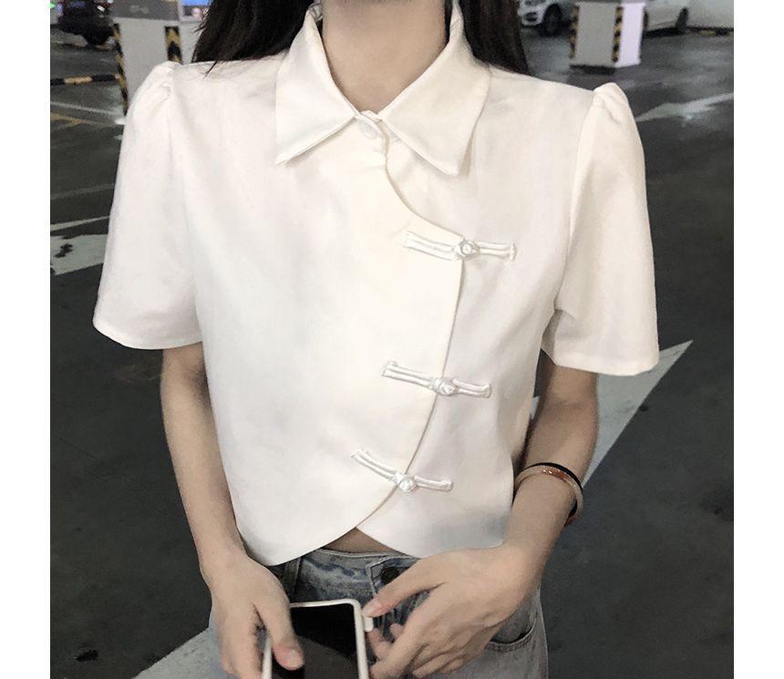 Short-Sleeve Collared Plain Blouse Product Image