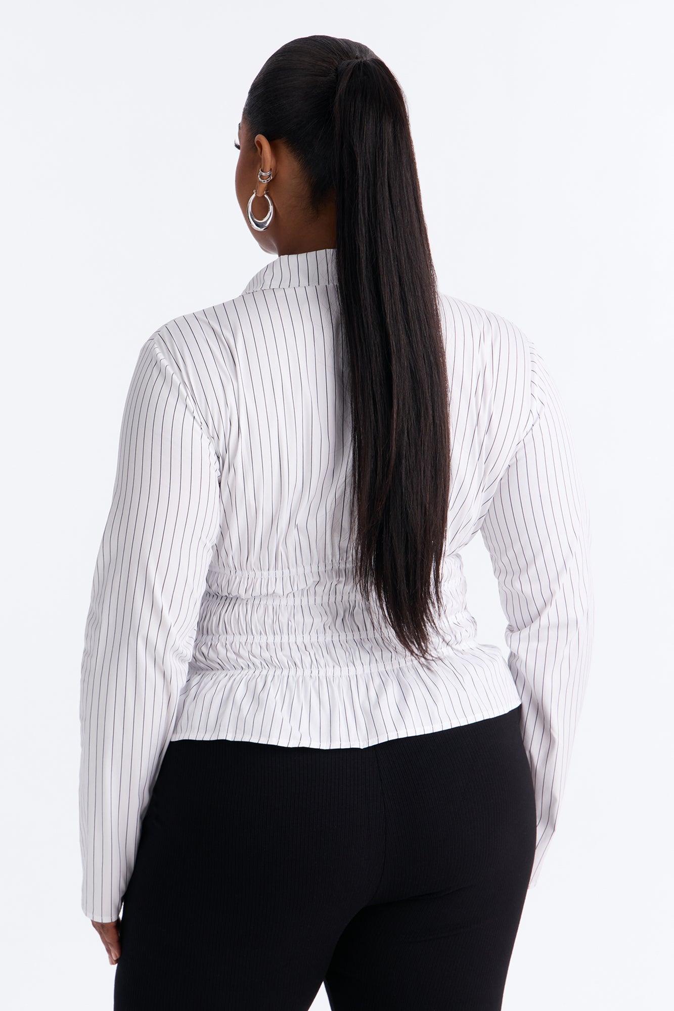 All In The Details Smocked Stripe Poplin Shirt - Black/combo Female Product Image
