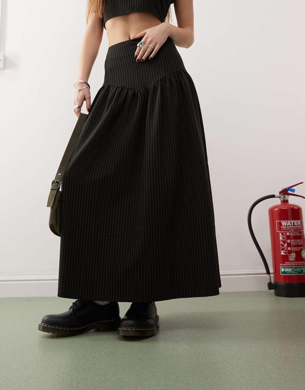 COLLUSION tailored drop waist pinstripe midi skirt in black - part of a set Product Image