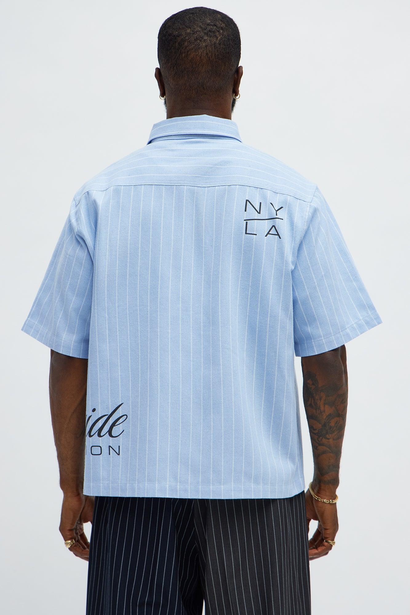 Worldwide Striped Cropped Button Up Shirt - Light Blue Male Product Image